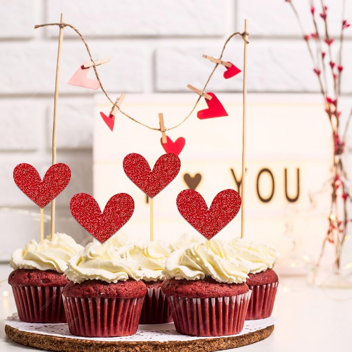 24Pcs Glitter Love Heart Cupcake Toppers for Valentine's Day Decorations - Image 4