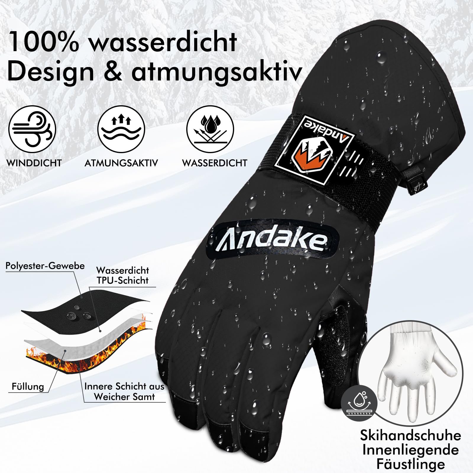 Andake - Gants de Ski Imperméables et Chauds pour Hommes, Femmes et Adolescents