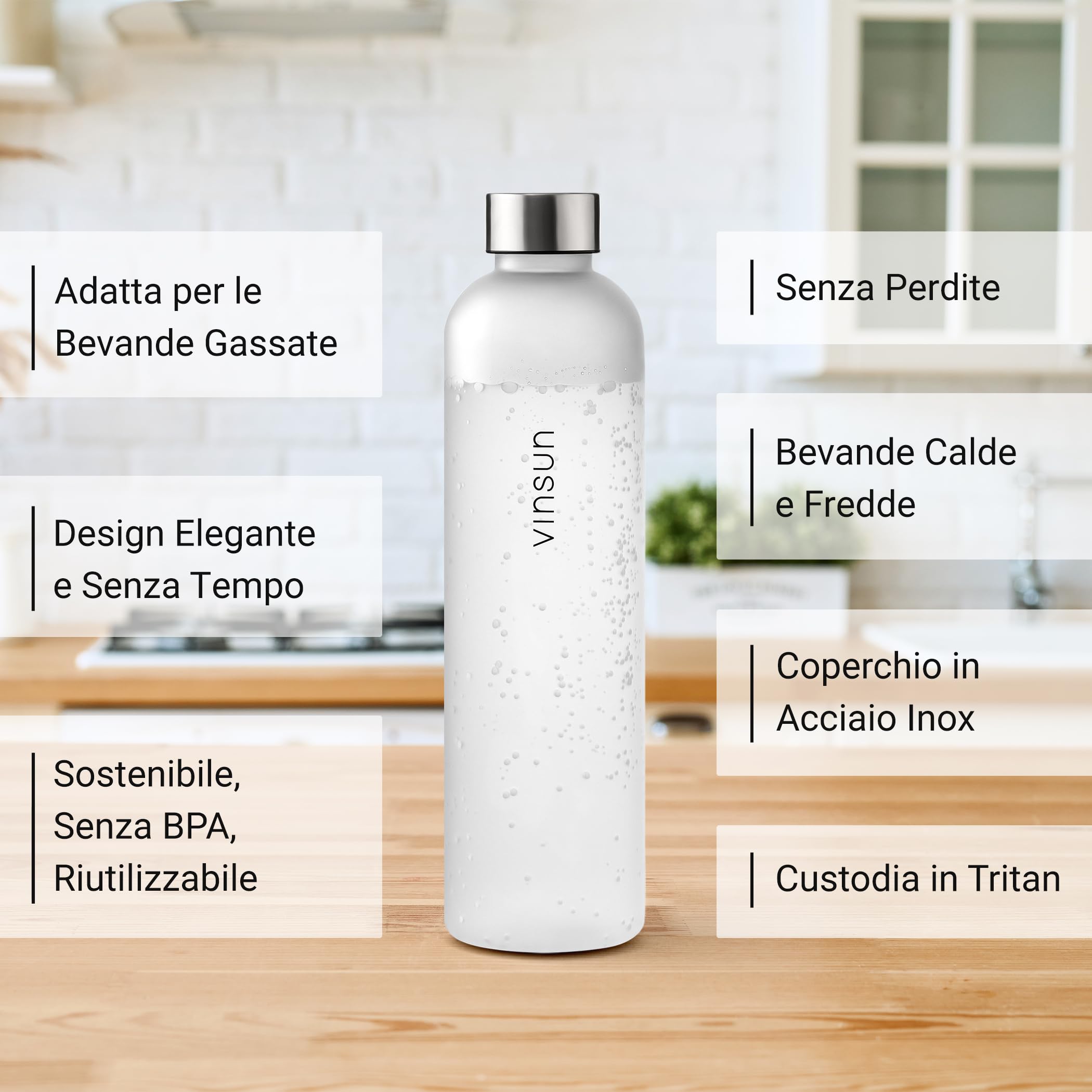 VINSUN Borraccia 1 litro in Tritan - Riutilizzabile, Ermetica, Senza BPA - Bottiglia Acqua Leggera per Palestra, Bici, Sport, Scuola, Università, Ufficio - Bianca