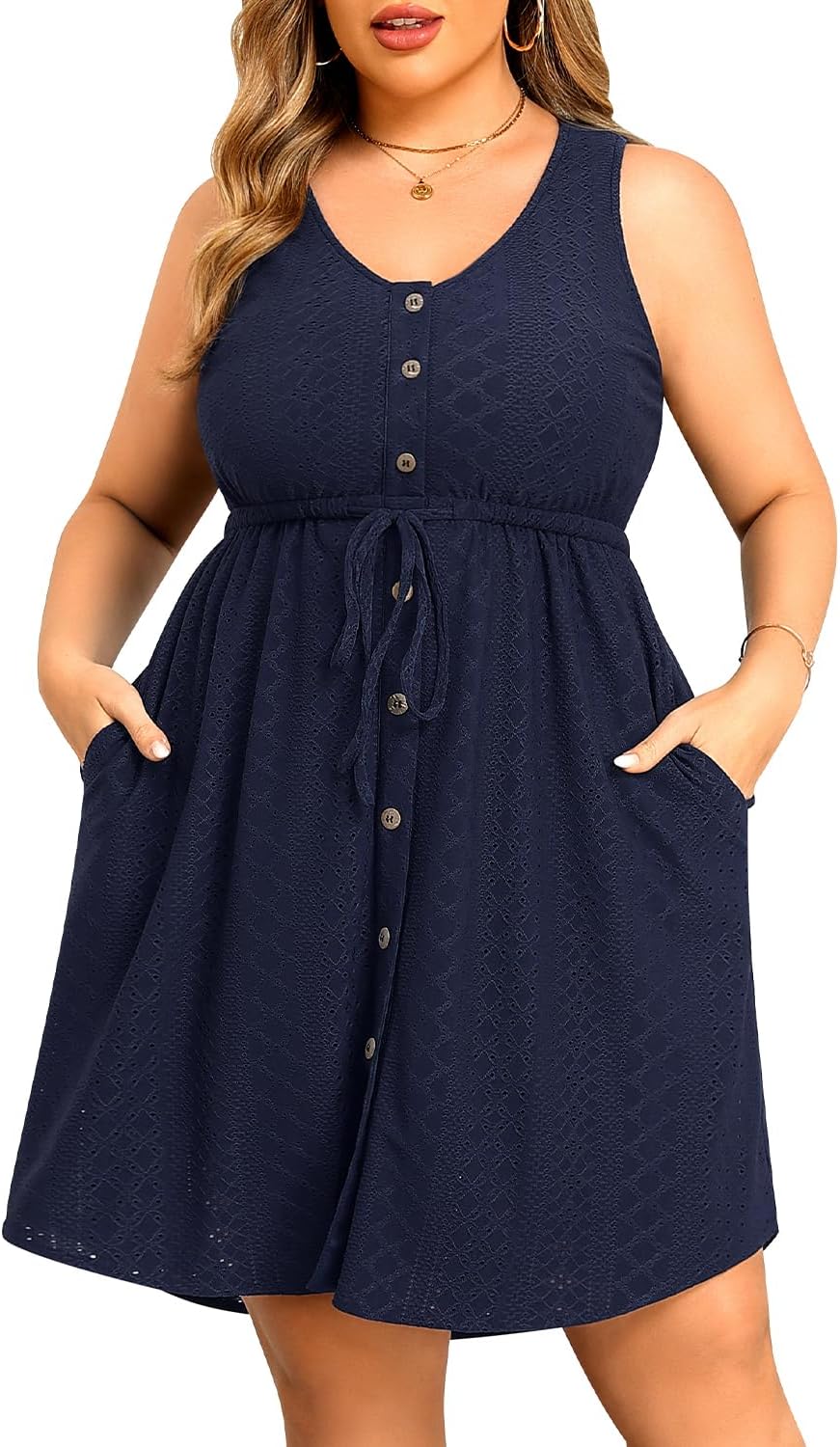 Plus Size Summer Dresses - Casual Beach Eyelet Sleeveless Tank V Neck Button Down Swing Short Sundress Pockets Women - Image 2