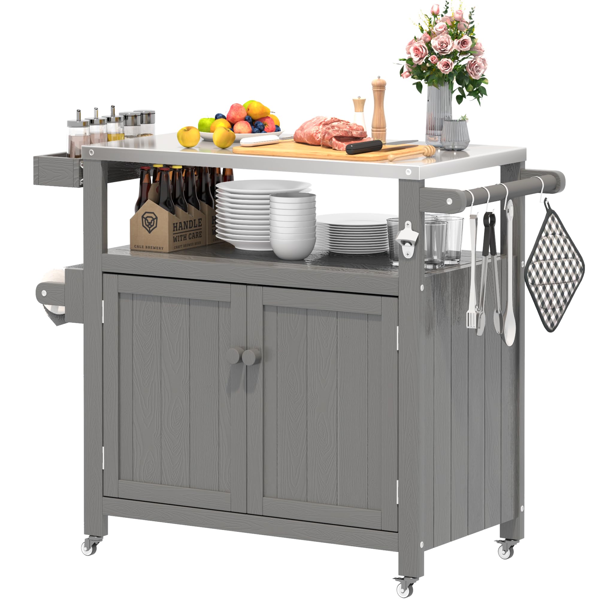 Isola di Cucina Esterna con Ruote Marrone - Carrello Barbecue Mobile Multifunzione, Piano Lavoro e Stoccaggio, Portatile per Giardino Terrazza Campeggio Picnic