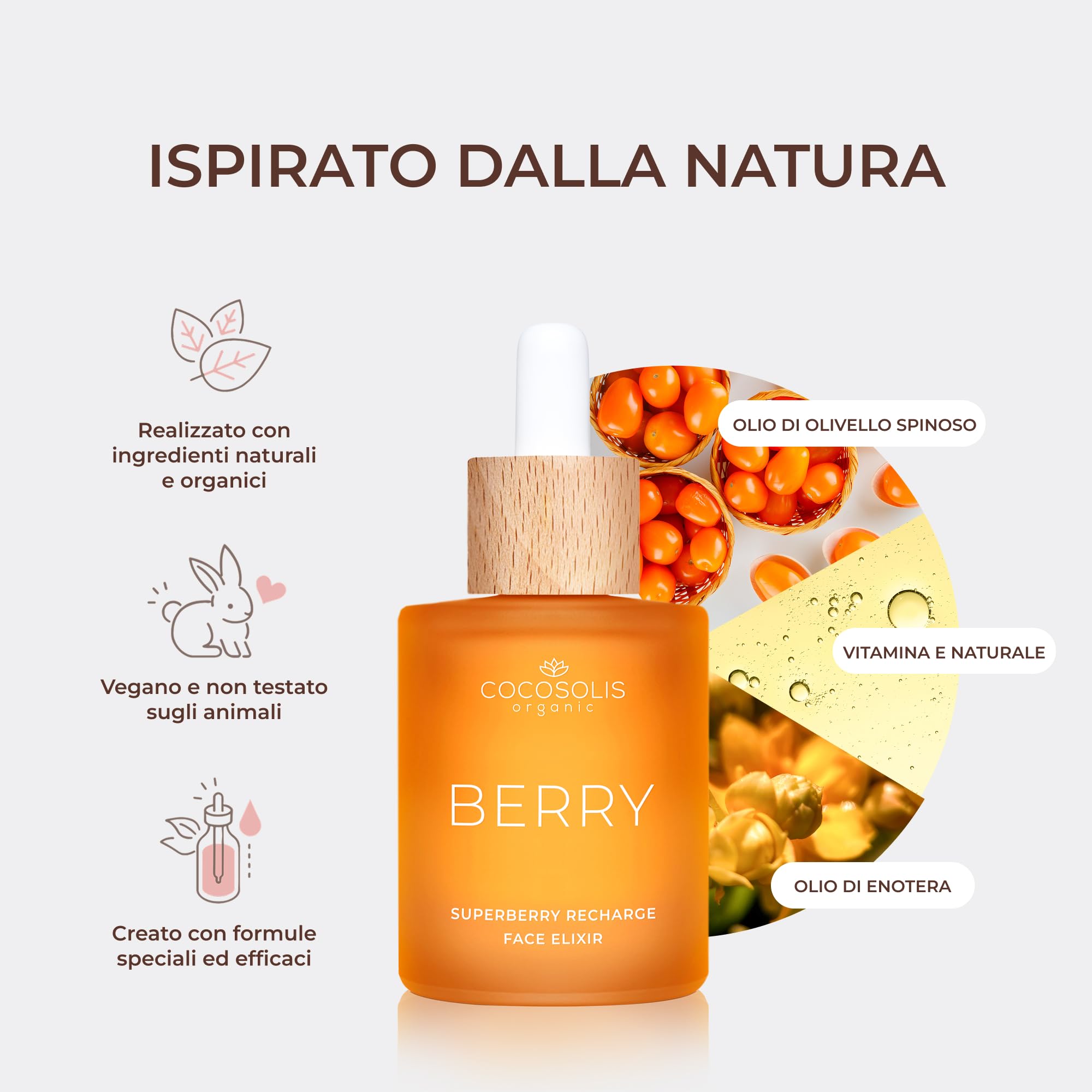 COCOSOLIS BERRY Superberry Recharge Face Elixir, elisir viso con oli biologici, cura quotidiana vegana con vitamina E e oli attivati enzimatici