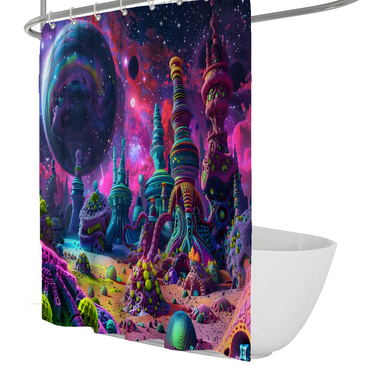 Kosmiczny ogród krajobraz zasłona prysznicowa fantasy oaza zasłona prysznicowa surrealizm kolorowe dekoracje łazienkowe wodoodporna tkanina poliestrowa 150 x 180 cm