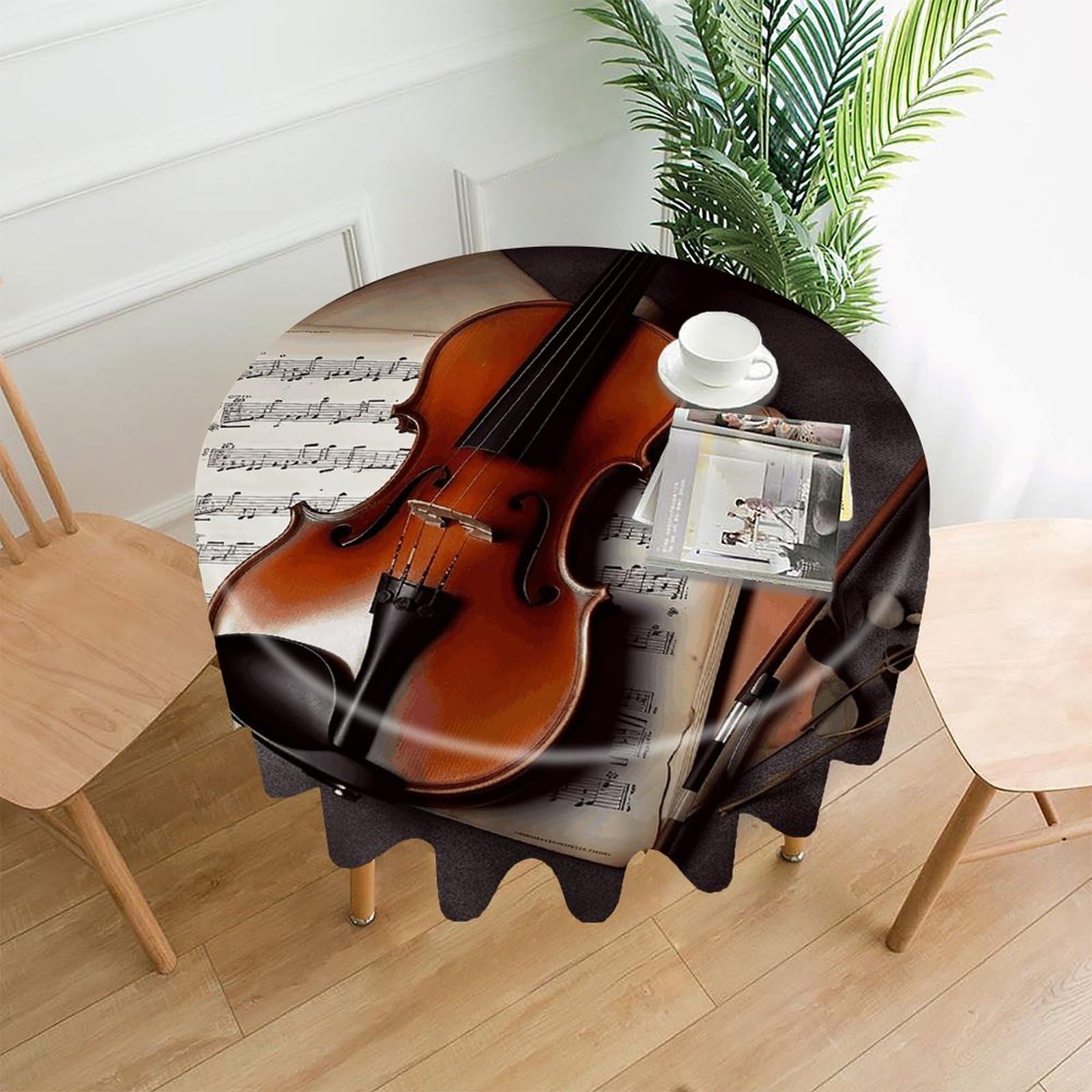 VstaDank Violin Sheet Music Tablecloth Easy to Clean Polyester Round Table Cover Washable Round Table Cloth Wrinkle-Free Circle Decoration Tablecloth for Kitchen Dining Room 60"
