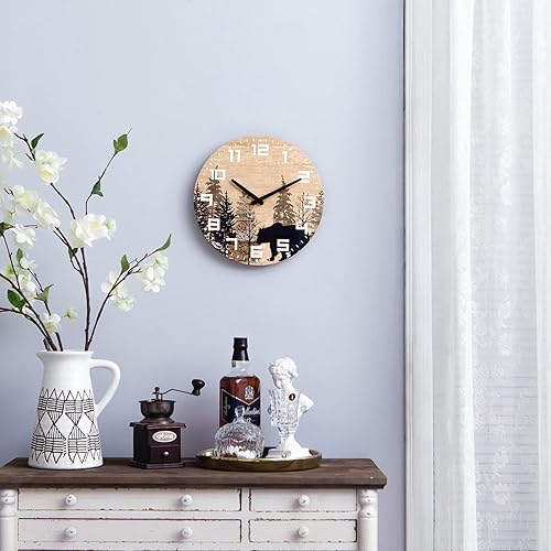 Miniatura 3 de NIKKY HOME Reloj de pared con ciervos de madera de cabaña, silencioso, sin tictac, funciona con pilas, rústico, granja, bosque, vida silvestre,