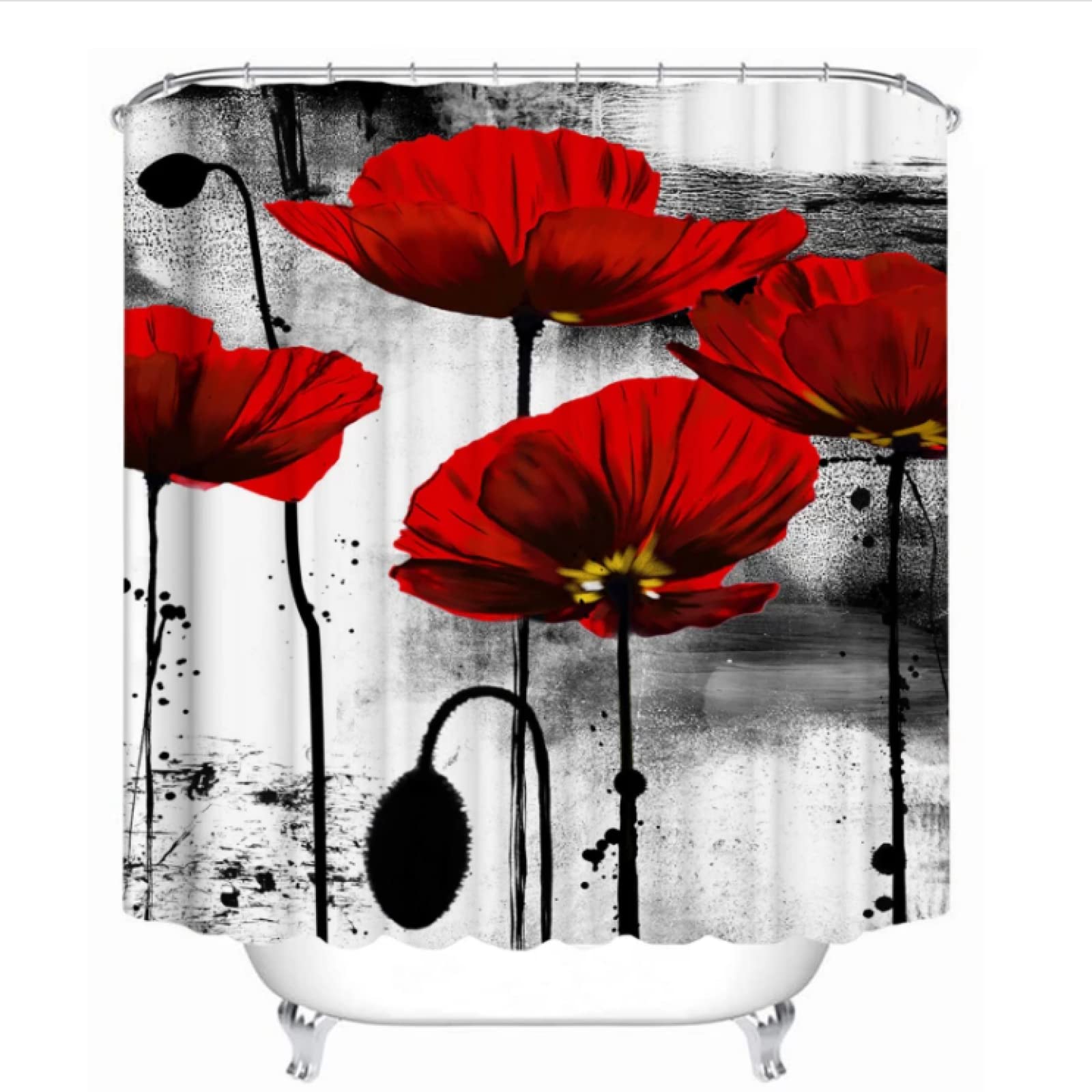 Coxila 4-teiliges Duschvorhang-Set – Rot-Blumen-Design, Mit Badematte & WC-Deckelbezug | Badezimmer-Deko Aus Polyester