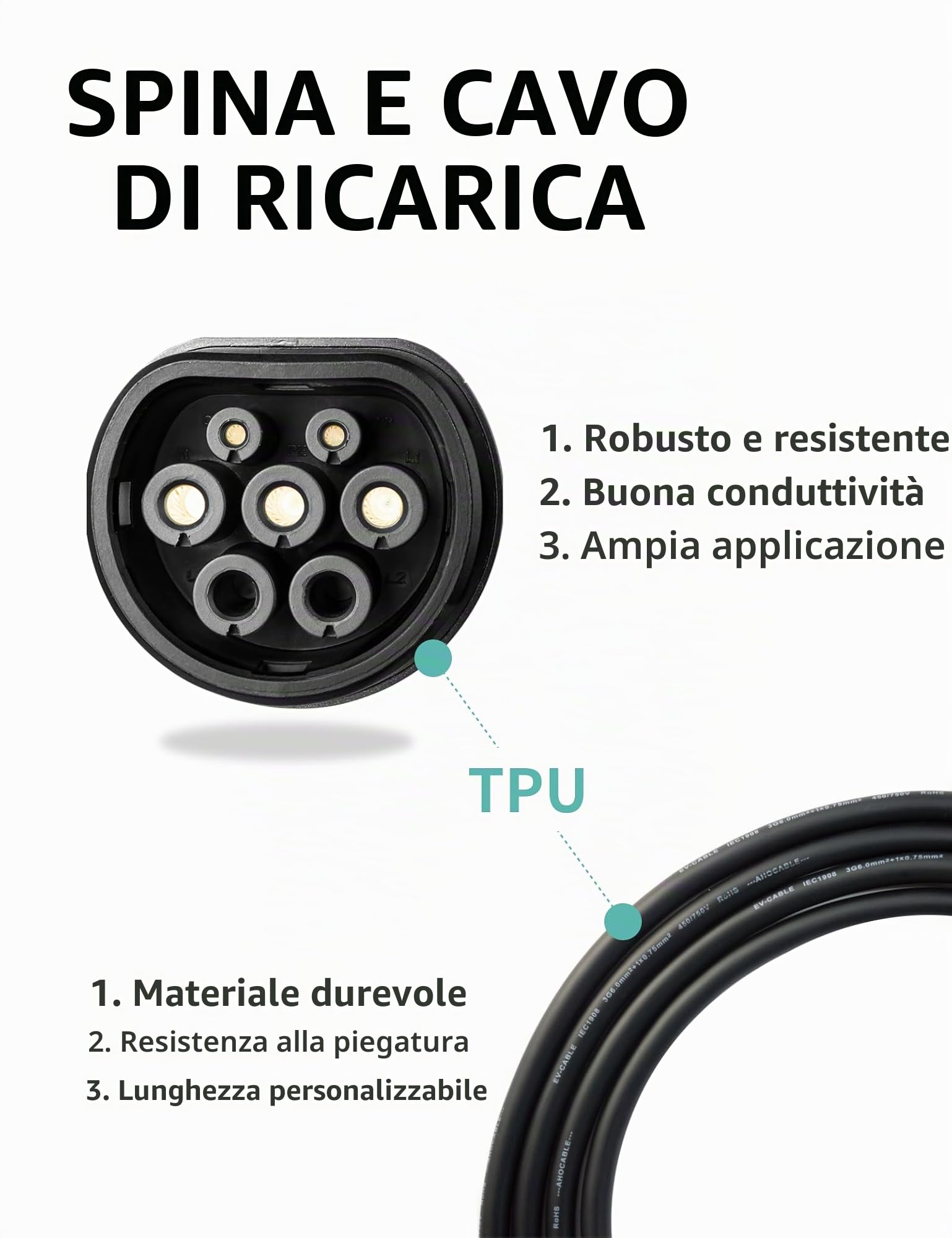 Caricatore EV 7kW, 200-250V monofase, tipo 2, 6-32A, cavo da 10 m, Controllo tramite APP via Wi-Fi, IP65, adatto per tutti i veicoli elettrici