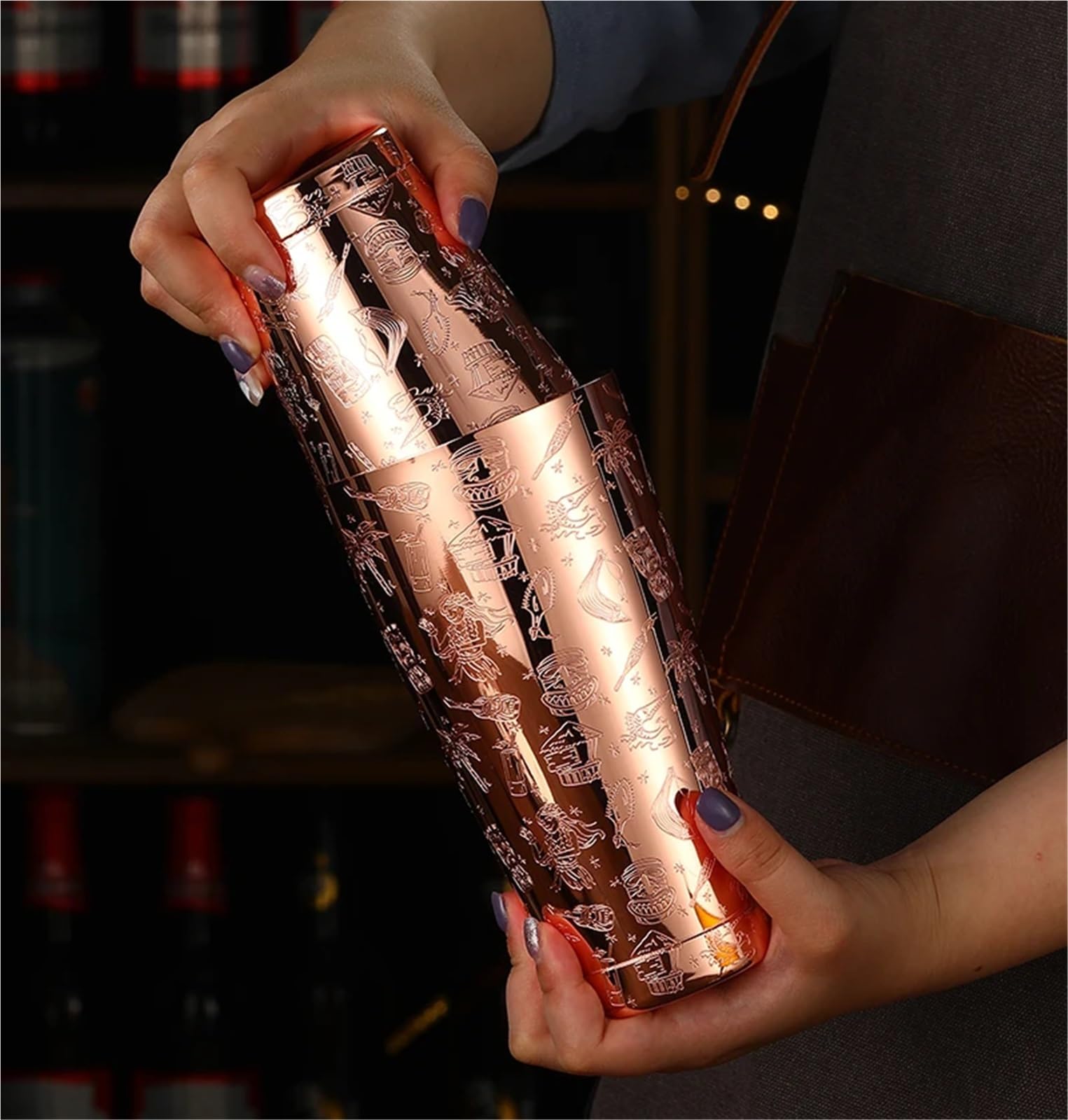 Kit de préparation de Cocktails, Outil de Barman, Shaker à Cocktail Boston 2 pièces avec Motif gravé, Ensemble de Shaker à Cocktail en étain - Ensemble de Cocktails 800 ML et 500 ML(Leaf)