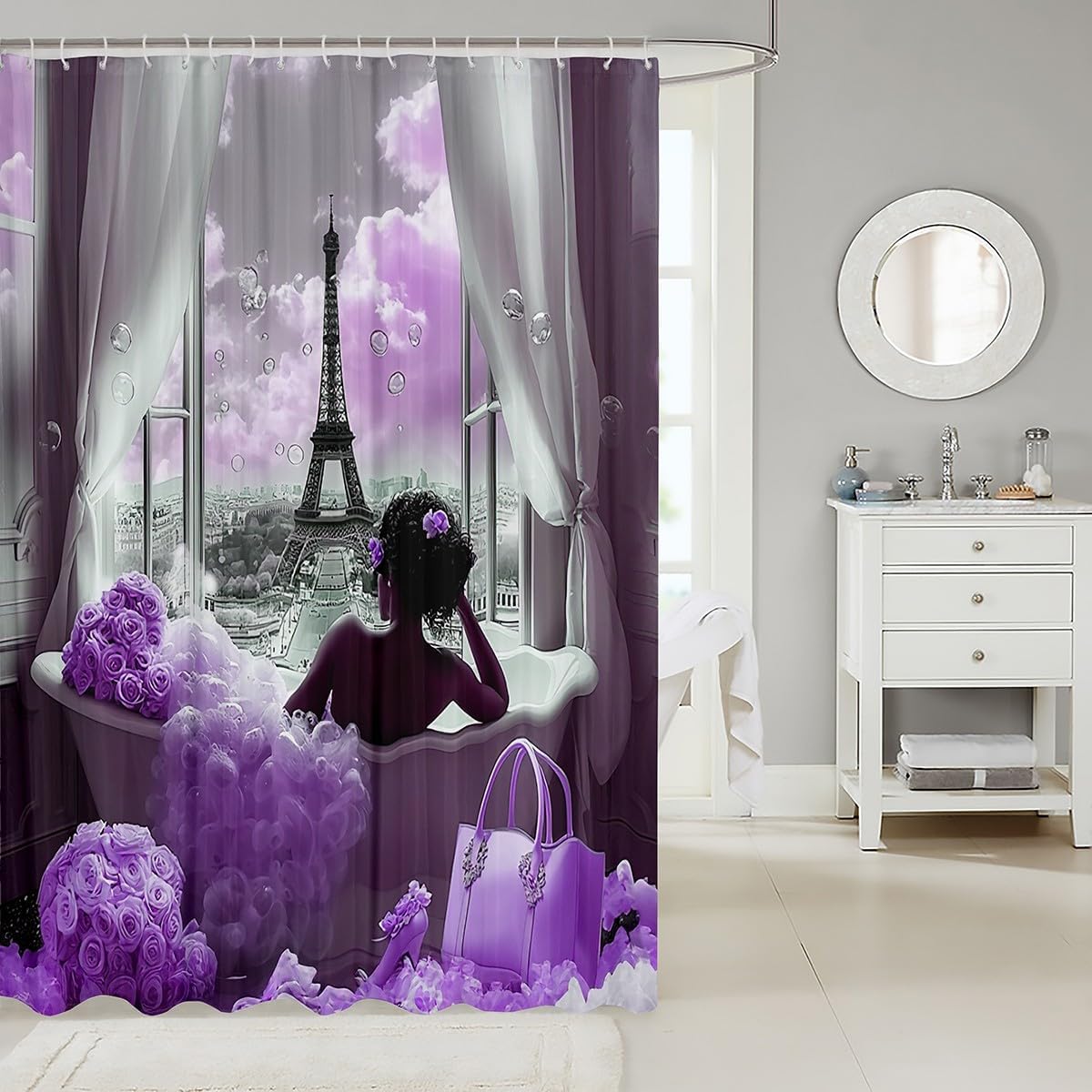 Erosebridal Purple Paris Shower Curtain Set,Eiffel Tower French Style Bathroom Decor for Girls Kids,African American Black Girl Bathroom Set,Purple Rose Flower Fabric Shower Curtain 72" Wx78 L