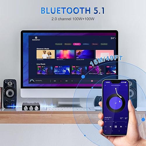 Miniatura 3 de ZK 1002T Bluetooth 5.0 Amplificador, 2 x 100 vatios amplificador con chip TPA3116D2, amplificador estéreo 2.0 canal con control de agudos y graves