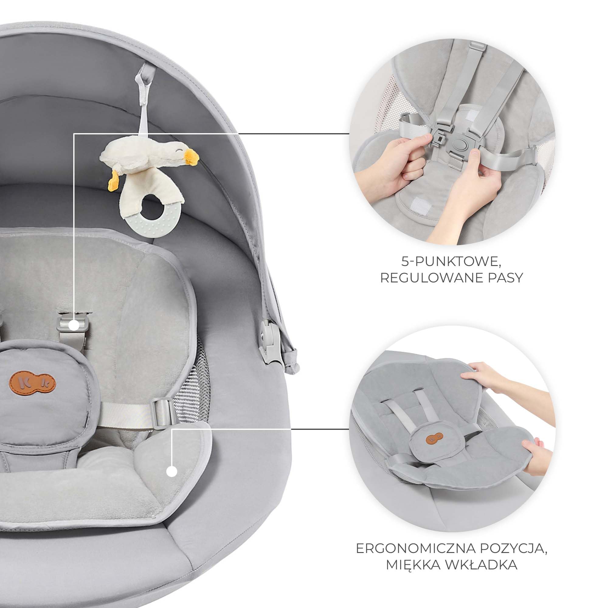Kinderkraft TULSY Transat électrique pour bébé, 5 niveaux d'intensité, 12 mélodies préréglées, jouets amovibles, réglable, léger, Bluetooth et USB, harnais à 5 points, gris