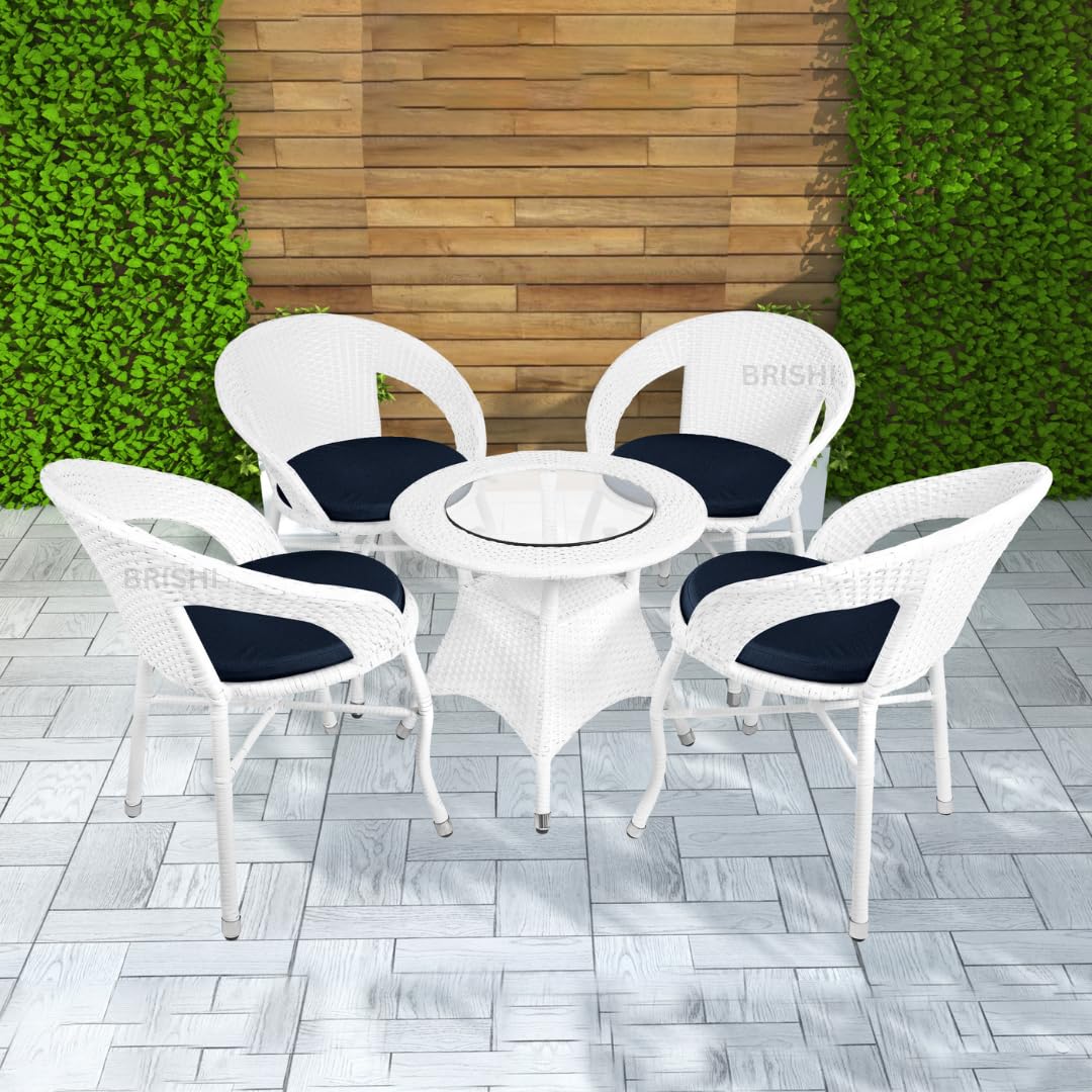 BRISHI Garden Patio Seating Chair and Table Set Outdoor Balcony Garden Coffee Table Set Furniture with 1 Table and 4 Chairs with Blue Cushion Set (White)-image-46