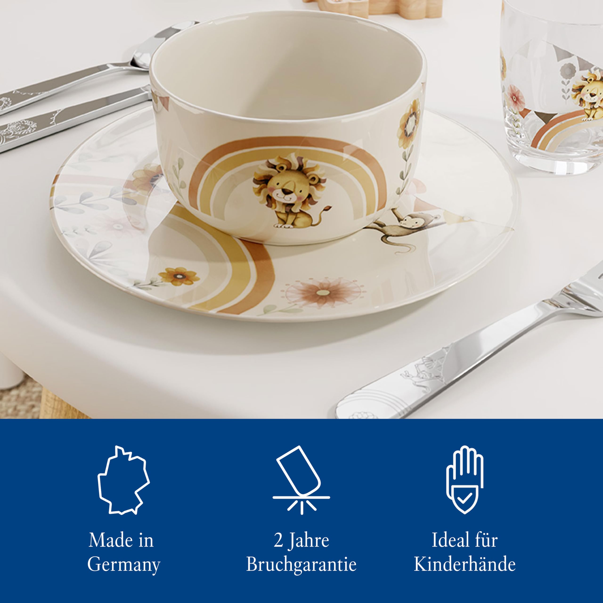 Villeroy & Boch – Boho Kids "Roar like a lion" Kindergeschirr-Set 7 teilig, Spülmaschinenfest, Mikrowellensicher, Geschirr Set Kinder mit Kinderbesteck, Tiermotiv Löwe und Affe, Premium Porzellan