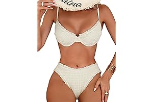 Beige Bathing Suit for Women: Smocked Frill Bikini Set