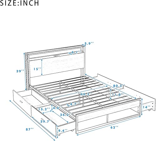 Miniatura 2 de Base de cama Queen con 4 cajones de almacenamiento en ruedas de freno, enchufes y puertos USB, plataforma de metal de estilo rústico con cabecero,