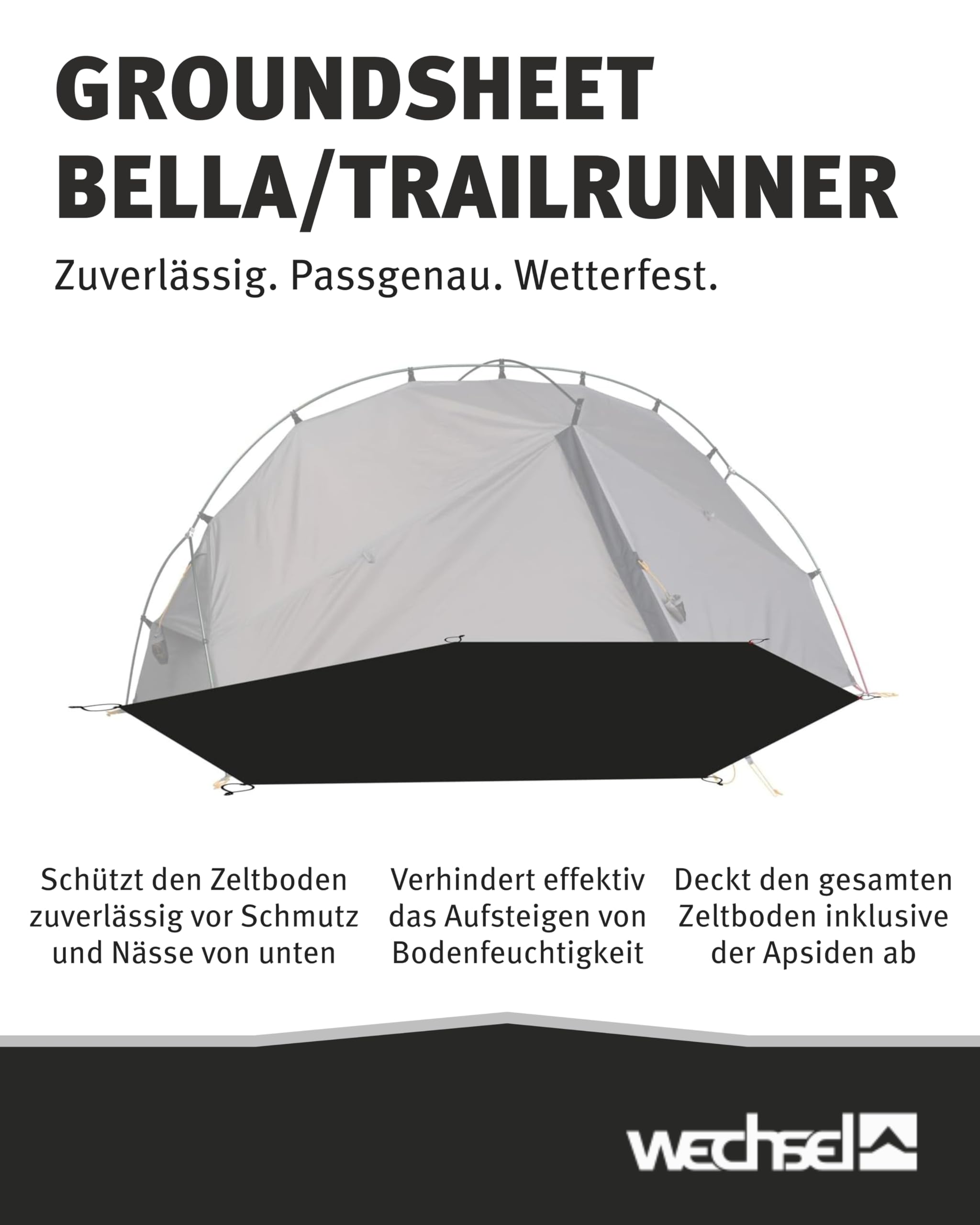 Wechsel Groundsheet Bella/Trailrunner I Schwarz I robuste Zelt-Unterlage Boden I wasserdicht mit 7000mm Wassersäule I Bodenplane aus 75D Polyester I Camping-Plane zum Schutz vor Nässe & Schmutz