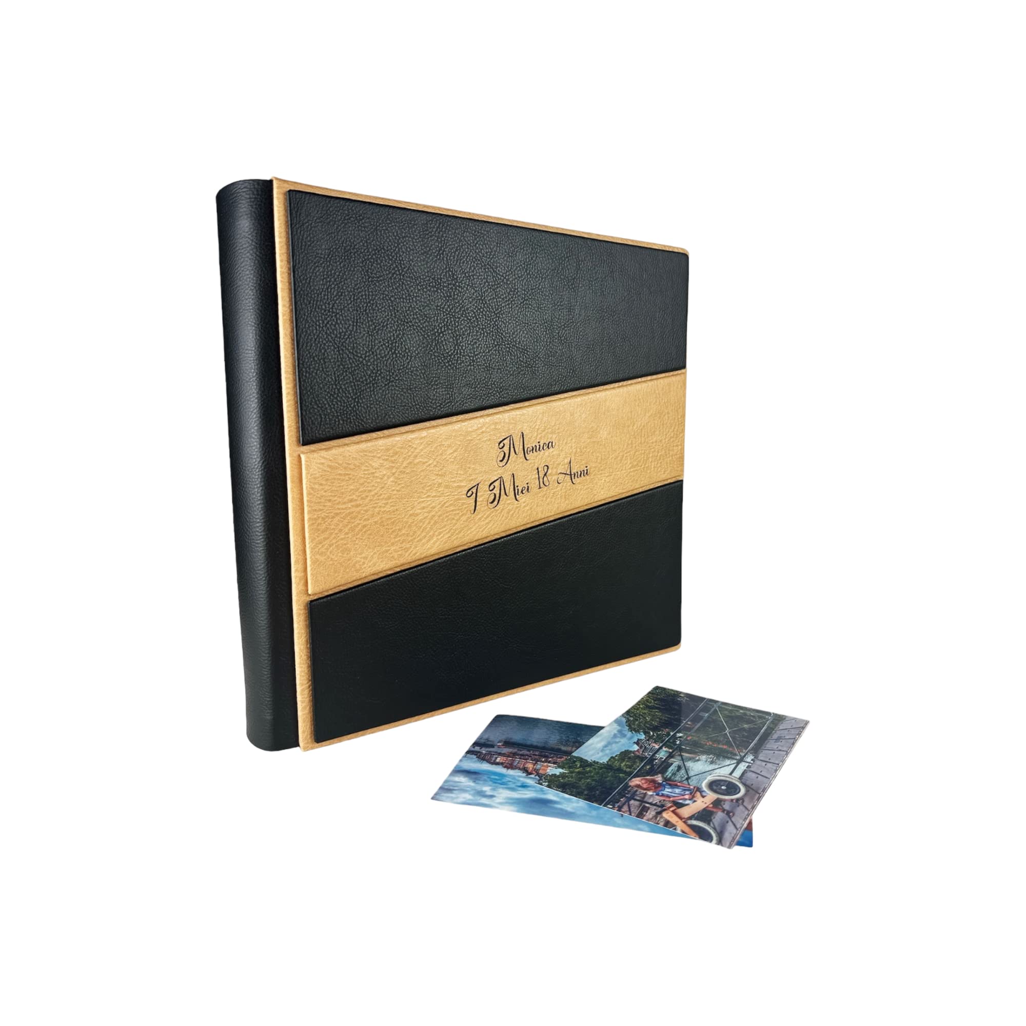 TriVin Art -Saturno- Álbum de fotos artesanal de piel sintética, varios tamaños y personalizable con grabado, ideal para cualquier evento. (negro)