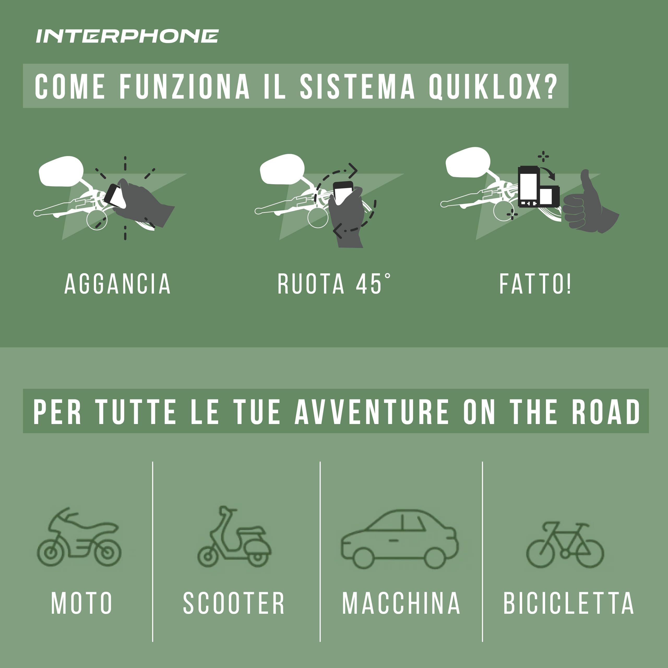 INTERPHONE QUIKLOX Supporto Telefono Moto da Manubrio Universale, Porta Smartphone Modulare con Aggancio Rapido
