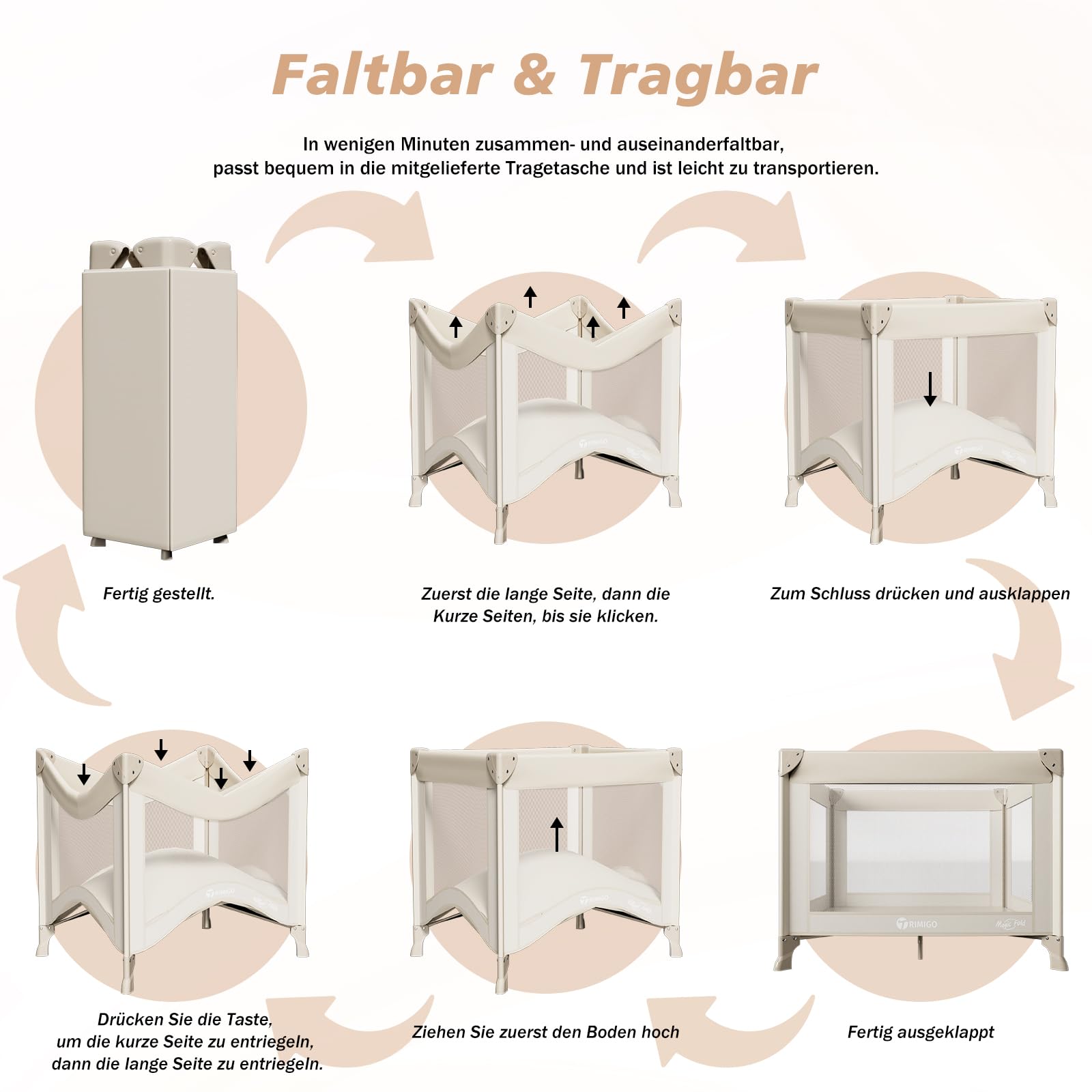 Klappbares Baby Reisebett, Mini Laufstall 100×70×70 cm – leichtes Reise-Klappbett, nutzbar als Babybett, Spielbereich, Hundelaufstall, Katzengehege, inklusive Tragetasche(Khaki)