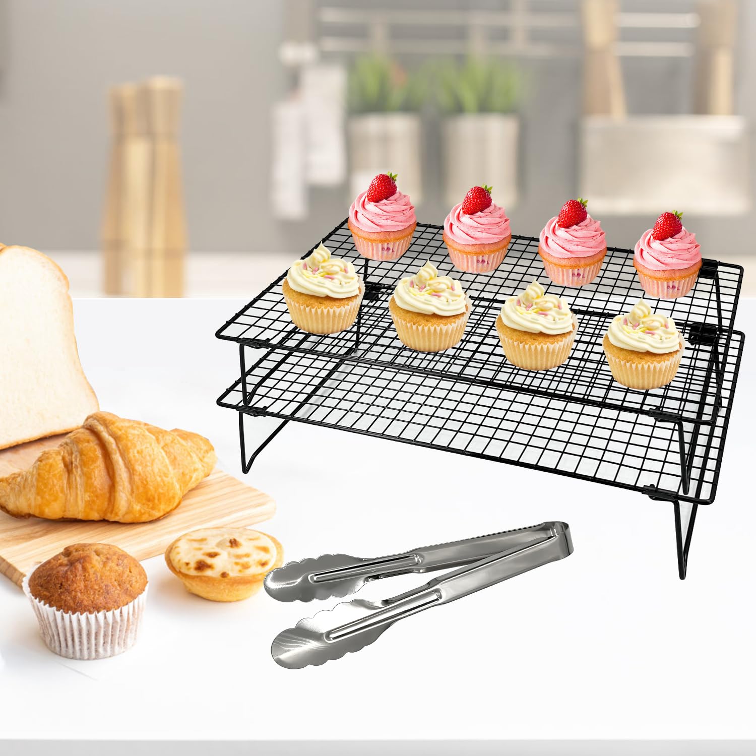 2-Pack 43x28cm Cooling Rack with Collapsible Legs & Stainless Steel Food Tongs - Folding Cooking Baking Grilling Rack for Oven, Drying, Roasting (Black) 5