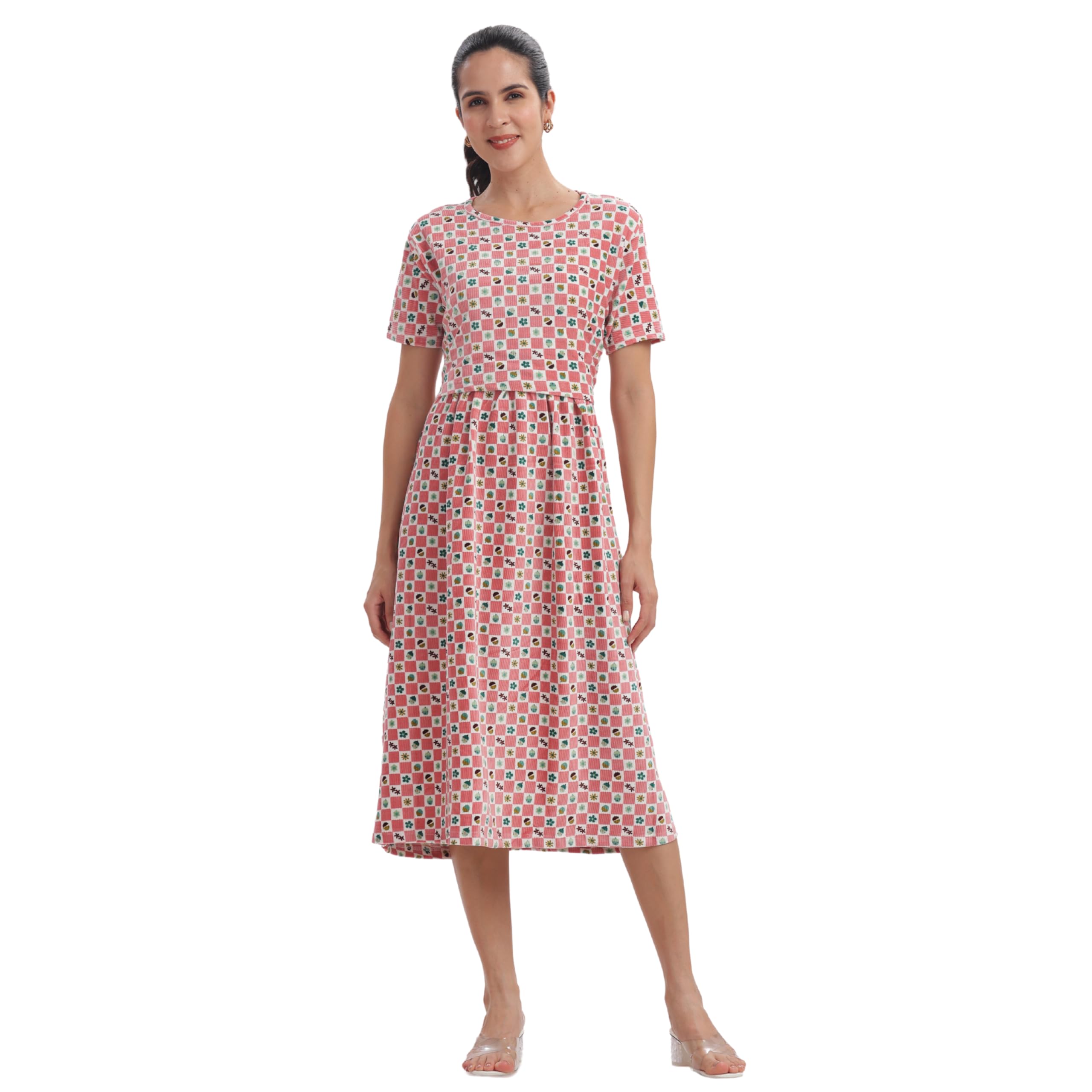happima Women’s Maternity Wear Floral Printed Midi Dress | Soft Cotton Blend, Feeding Friendly, Round Neck, Short Sleeve | Pregnancy Dress for Casual & Baby Shower-picture-55