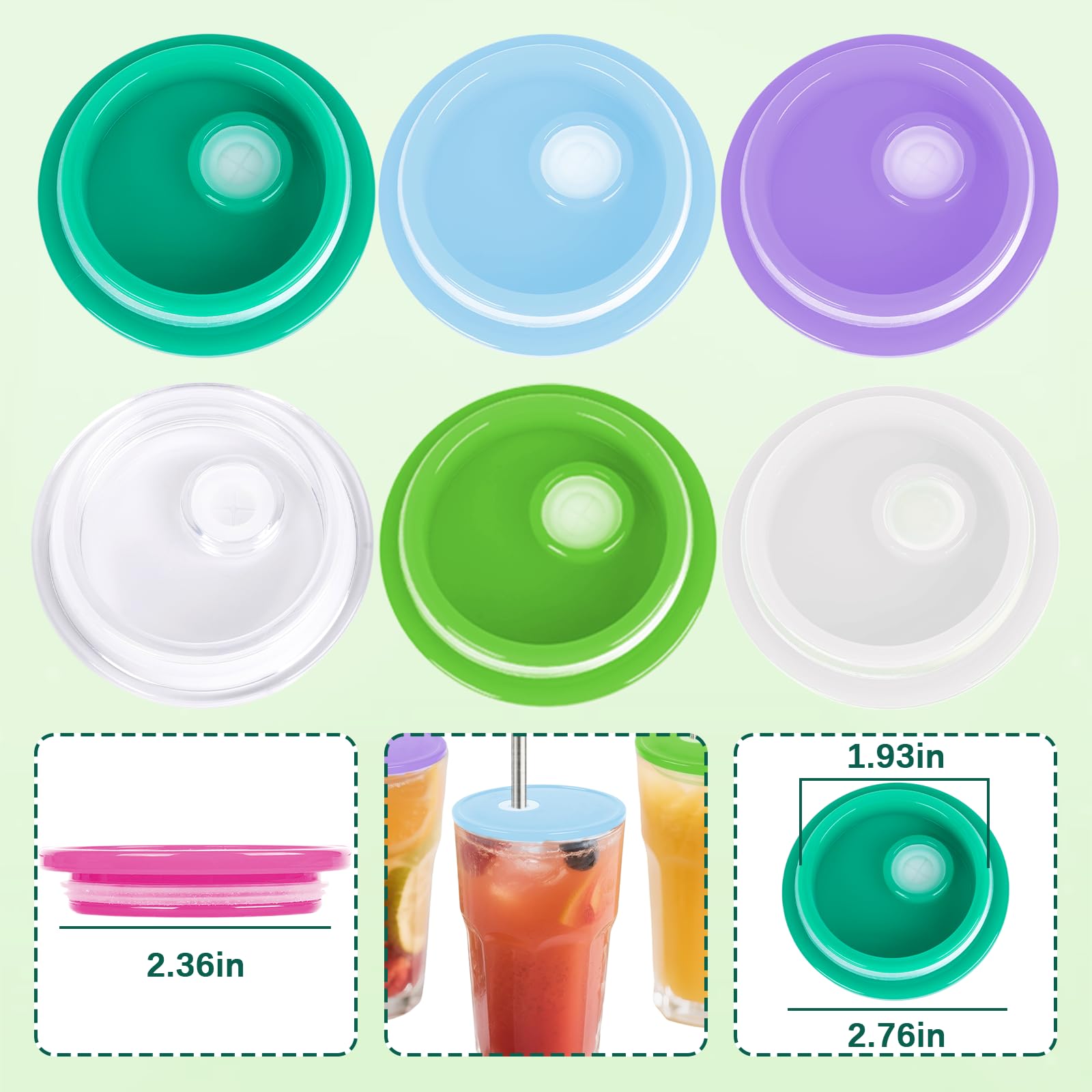 6 Pack Acrylic Lids for 16 oz Glass Cups-2.75 inch/70 mm,Multicolored Soda Can Lids with Straw Hole Fit both 16oz and 20oz Mason Jar,Snow Globe Tumbler Supplies(Green Color Palette?