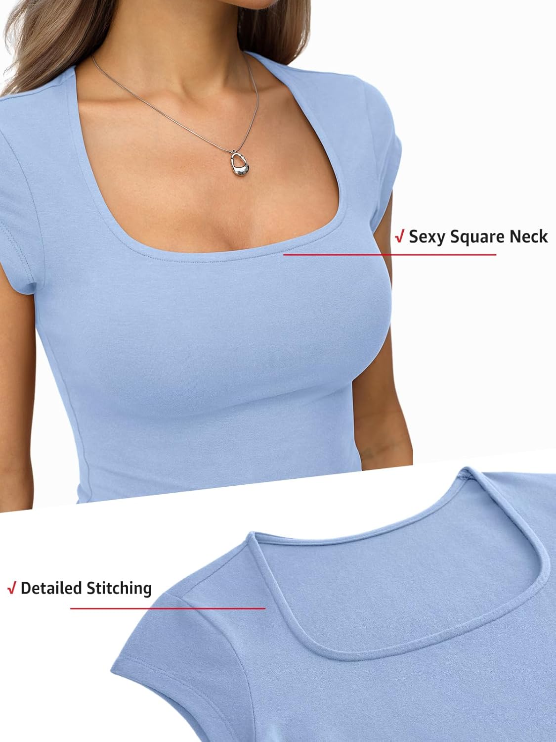 Womens Cotton Square Neck Short Sleeve Shirts Slim Fit Cap Sleeve Tops Summer Basic Low Cut Tee Fashion Clothes - Image 3