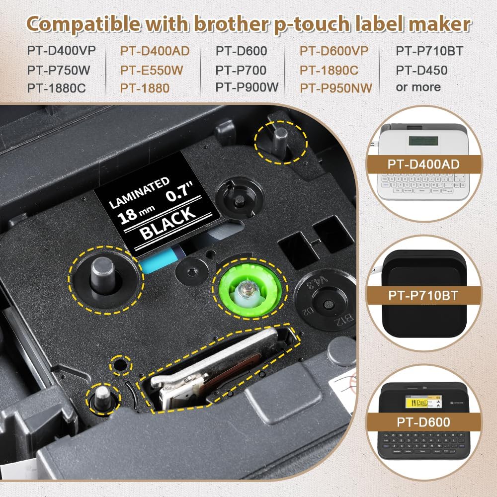 Buyalot-18mm Black Label Tape Replace for TZe-345 Brother P Touch Tz Label Maker Tape 3/4 (0.7) Inch Laminated TZe345 White on Black for Brother PTD410 PT-D400 PT-D610BT PTD600, 8m, 4 Pack
