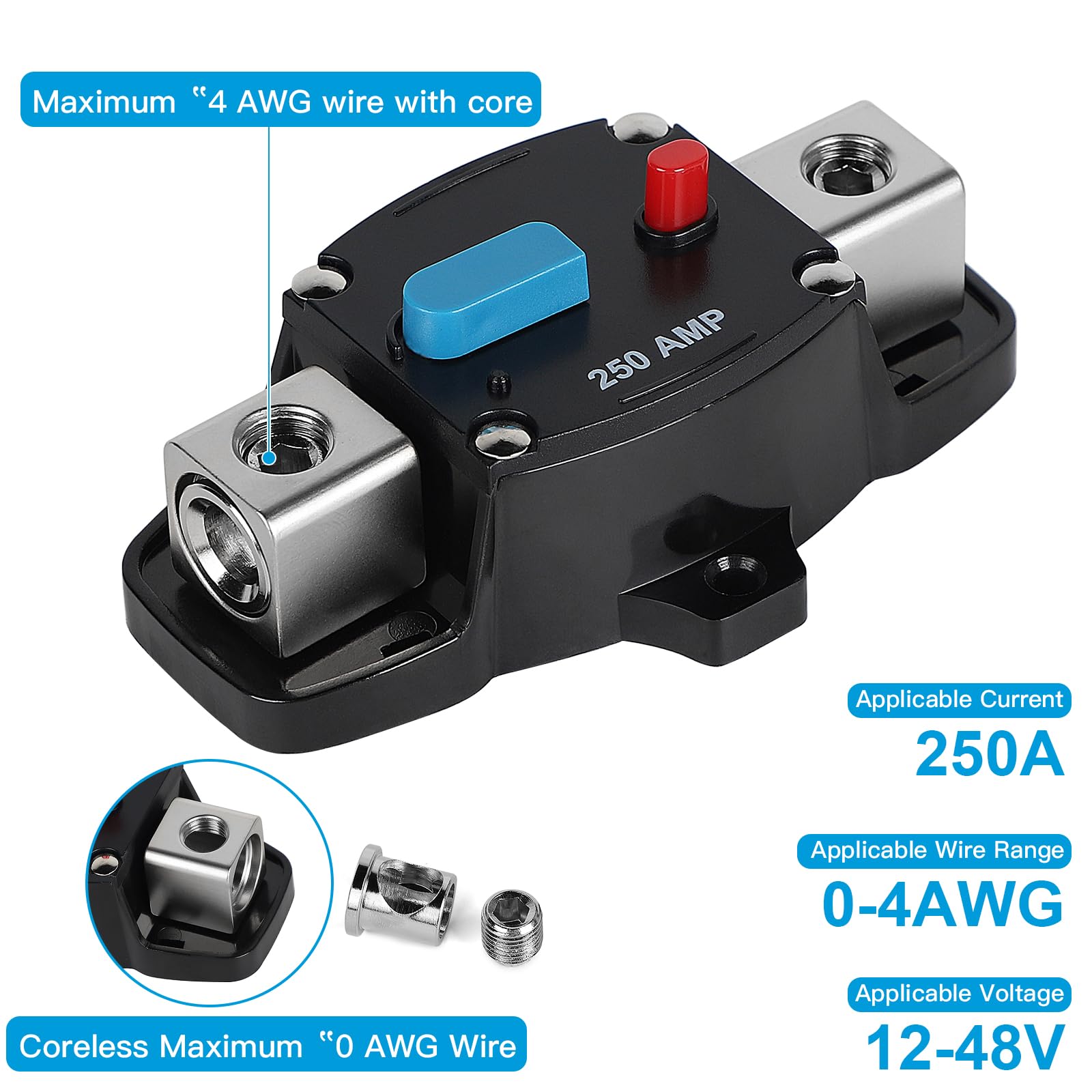 EFUTURETIME Interruttore Automatico 250A Portafusibile di Ripristino 12v-48v DC Con Riarmo Manuale per Impianto Audio/Video Auto, Barca