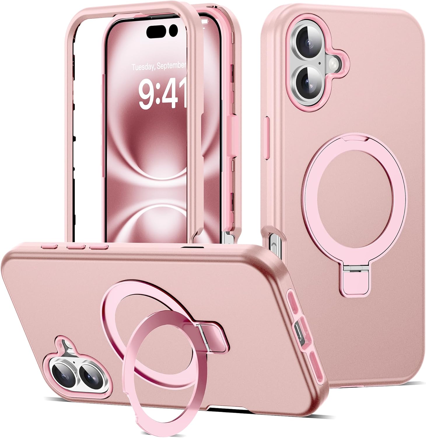 Compatible with iPhone 16 Case 6.1'' with Magnetic Ring Stand [Military Drop Protection][Compatible with Mag-Safe] Shockproof 16 Phone Case for Men Wowen,Rose Gold