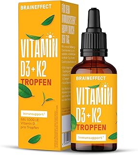 BRAINEFFECT Vitamin D3 + K2 Tropfen – Decken 500% des Tagesbedarfs an Vit D, Hochdosierte Tropfen für 17 Monate, Träger MCT-Öl für gute Verfügbarkeit – 50 ml