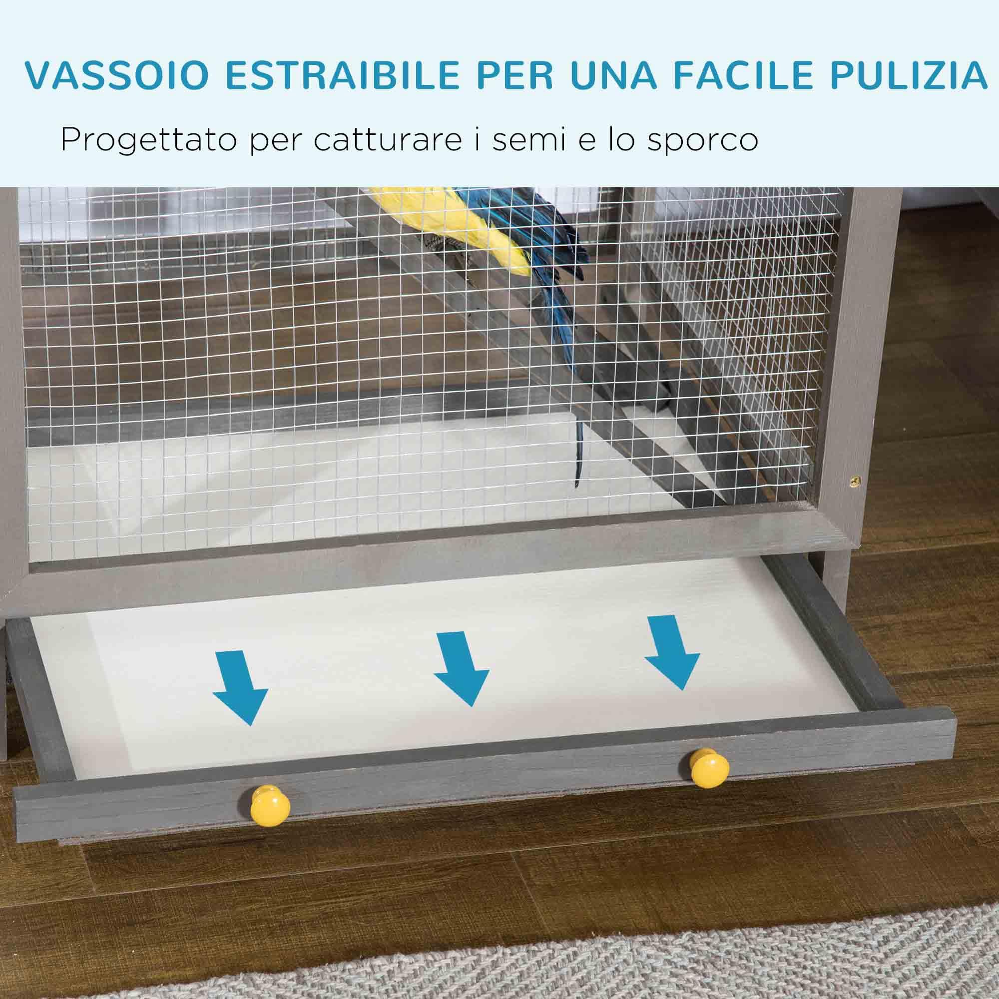 PawHut Gabbia per Uccelli in Legno di Abete e Rete Metallica, Voliera per Uccelli da Esterno con 2 Porte, Tetto in Asfalto e Vassoio Estraibile, 68x63x165 cm, Grigio Chiaro