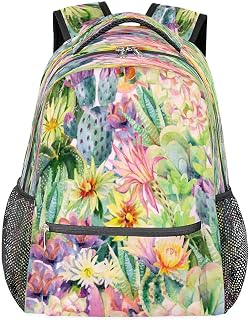 Mochilas para meninos e meninas com cacto suculento, mochila escolar com vários bolsos, mochila de flores coloridas para viagens, caminhadas, acampamento, Multi, Medium