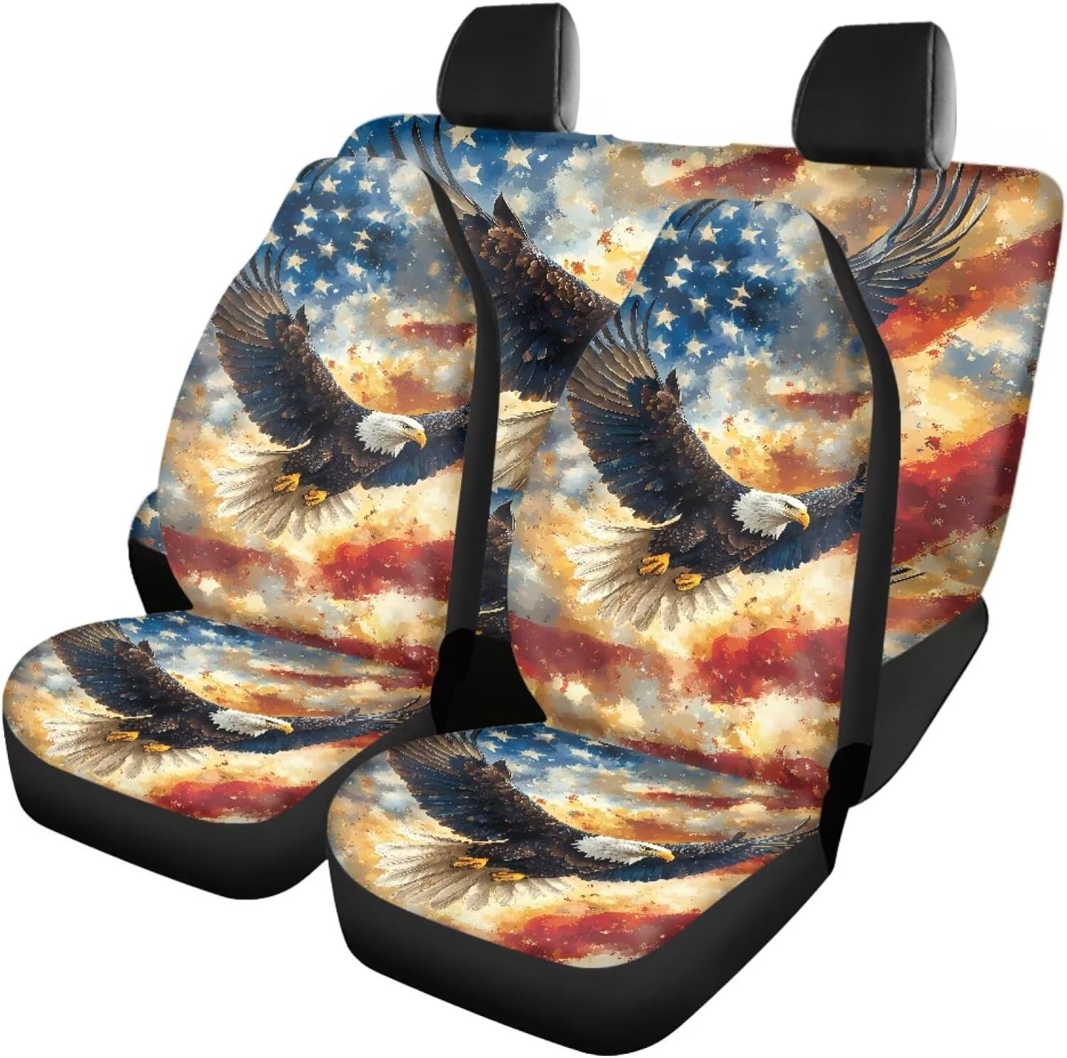 Pensura Car Seat Covers Full Set of Front Rear Back Bench Seats Protection Flying Eagle American Flag Universal Fit Most Vehicles, Trucks, Vans, SUVs Car Mat Covers