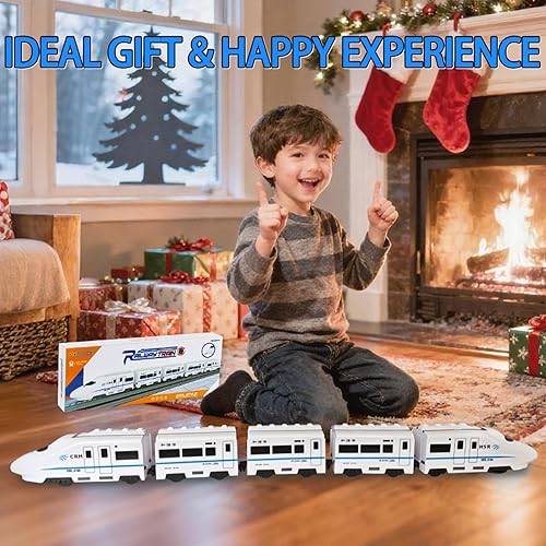 Miniatura 8 de OTONOPI Juego de tren de juguete, paquete de 5 tren eléctrico bala con luz y sonido, motor de locomotora de metro a pilas con gancho, juguete