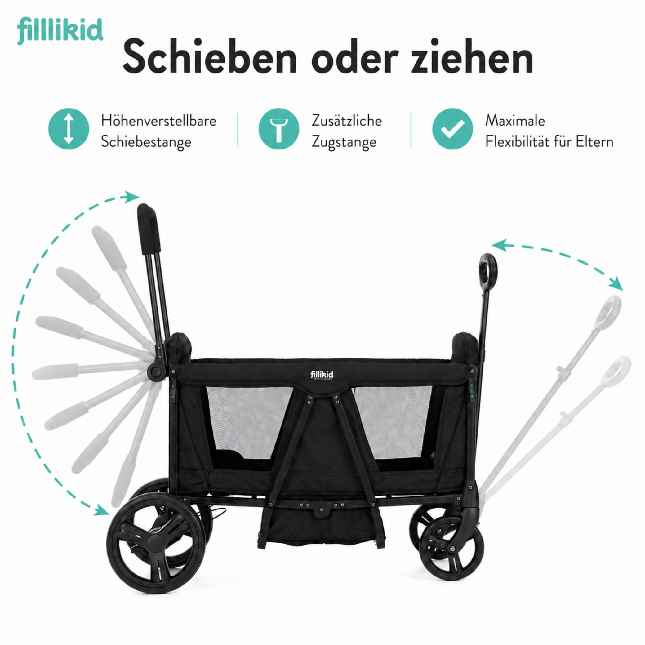 Fillikid Bollerwagen Oskar Exklusiv I Faltbarer Handwagen mit Dach, Schiebegriff I Transportwagen für Kinder & Gepäck, belastbar bis 88 kg I stabil & platzsparend klappbar I 2-Sitzer mit Gurtsystem