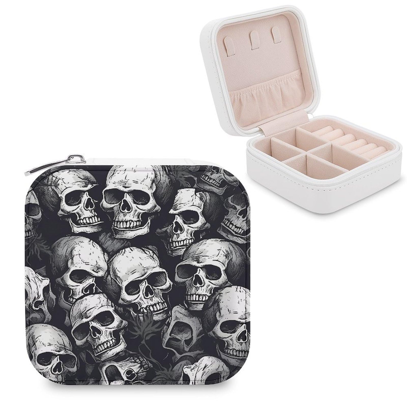VstaDank Skulls Pattern Travel Jewelry Case Zipper Portable Small Jewelry Box Custom Pu Leather Mini Traveling Jewelry Organizer for Rings Earrings Necklace Bracelet Girls Women