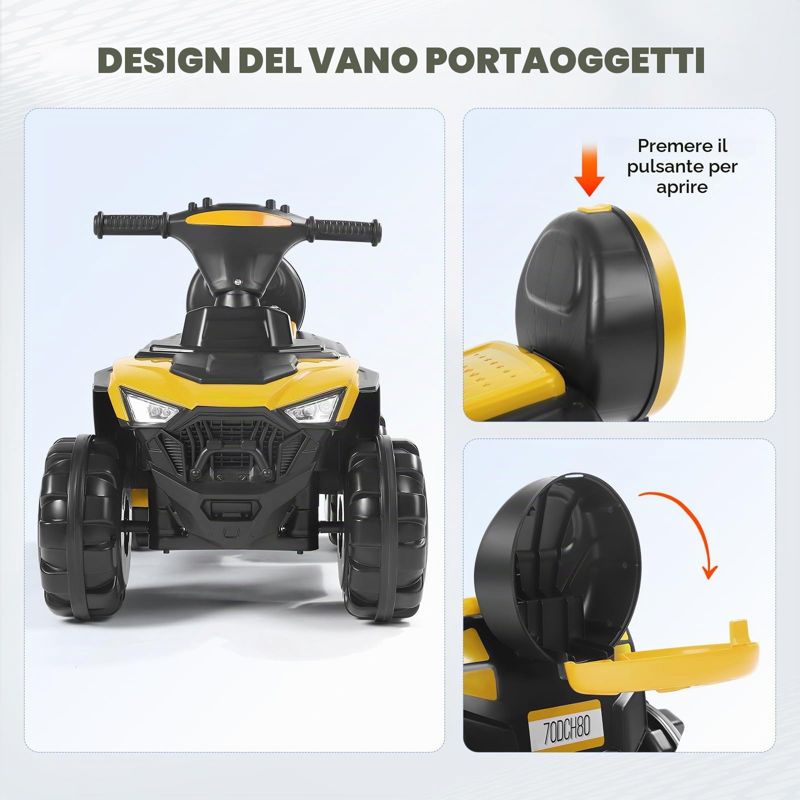 Quad Elettrico per Bambini 6V – Veicolo Cavalcabile Giallo con Musica e Vano Portaoggetti – Grandi Ruote Antiscivolo per la Stabilità – Autonomia 60 Minuti – Carico Massimo 50 kg