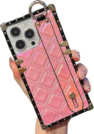Holographic Iridescent Compatible with iPhone 15 Pro Max Rhombus Pattern Leather Rectangle Edge Case with Adjustable Wristband Kickstand,Protective Back Cases Cover for WomenPink