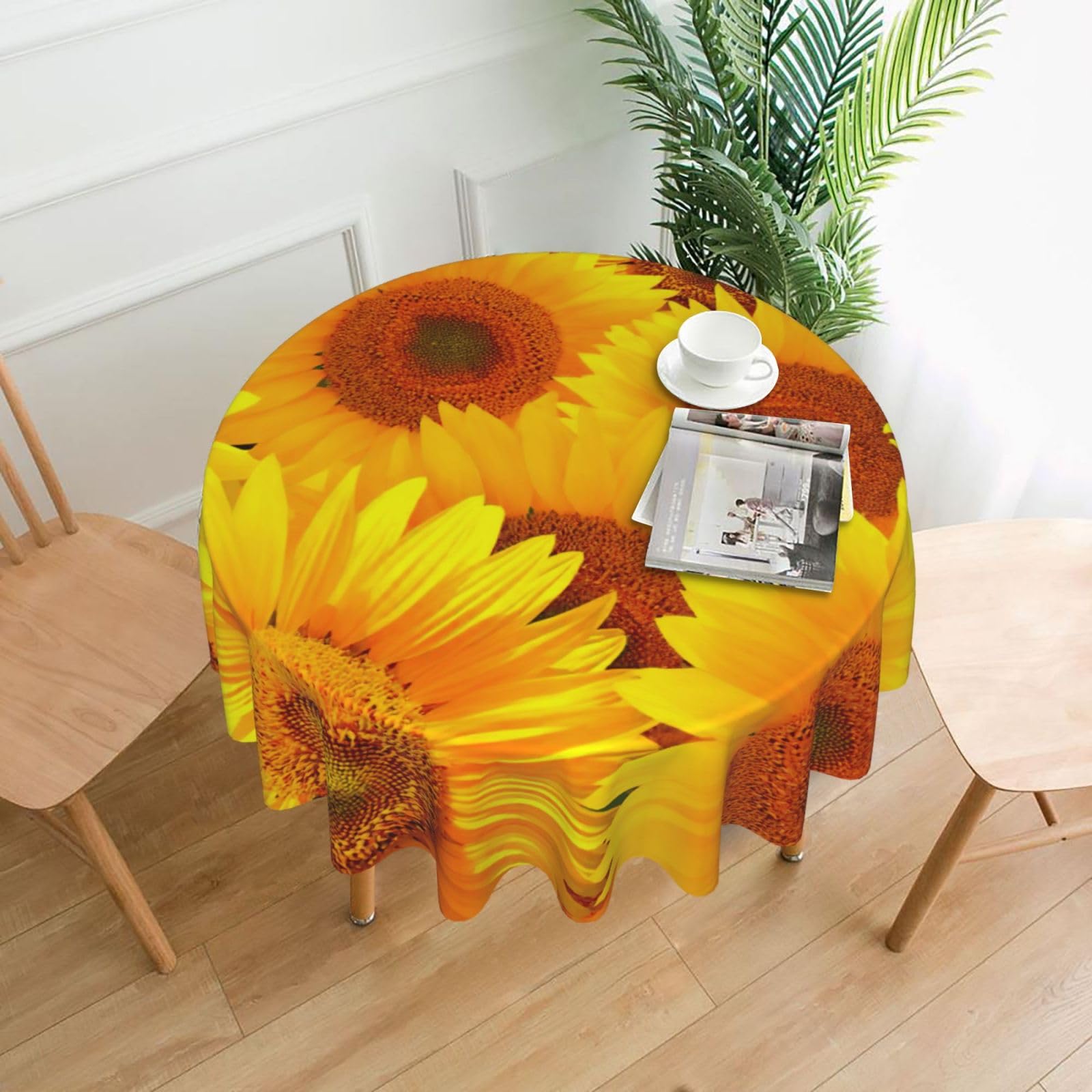 SDEGTHO Yellow Sunflower Print Modern Retro Round Tablecloth 60in Polyester Fabric Cover for Party Dining Table Washable