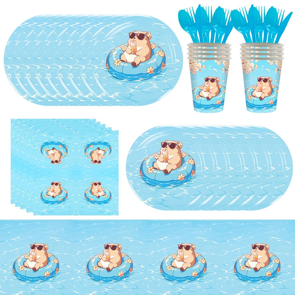 BXZGLHF 81pcs Capybara Party Tableware,Blue Swimming Ring Capybara Birthday Decorations cartoon animal Paper Dinnerware Tissue Paper Plate Cup Tablecloth Party Supplies For Kids 10 Guests
