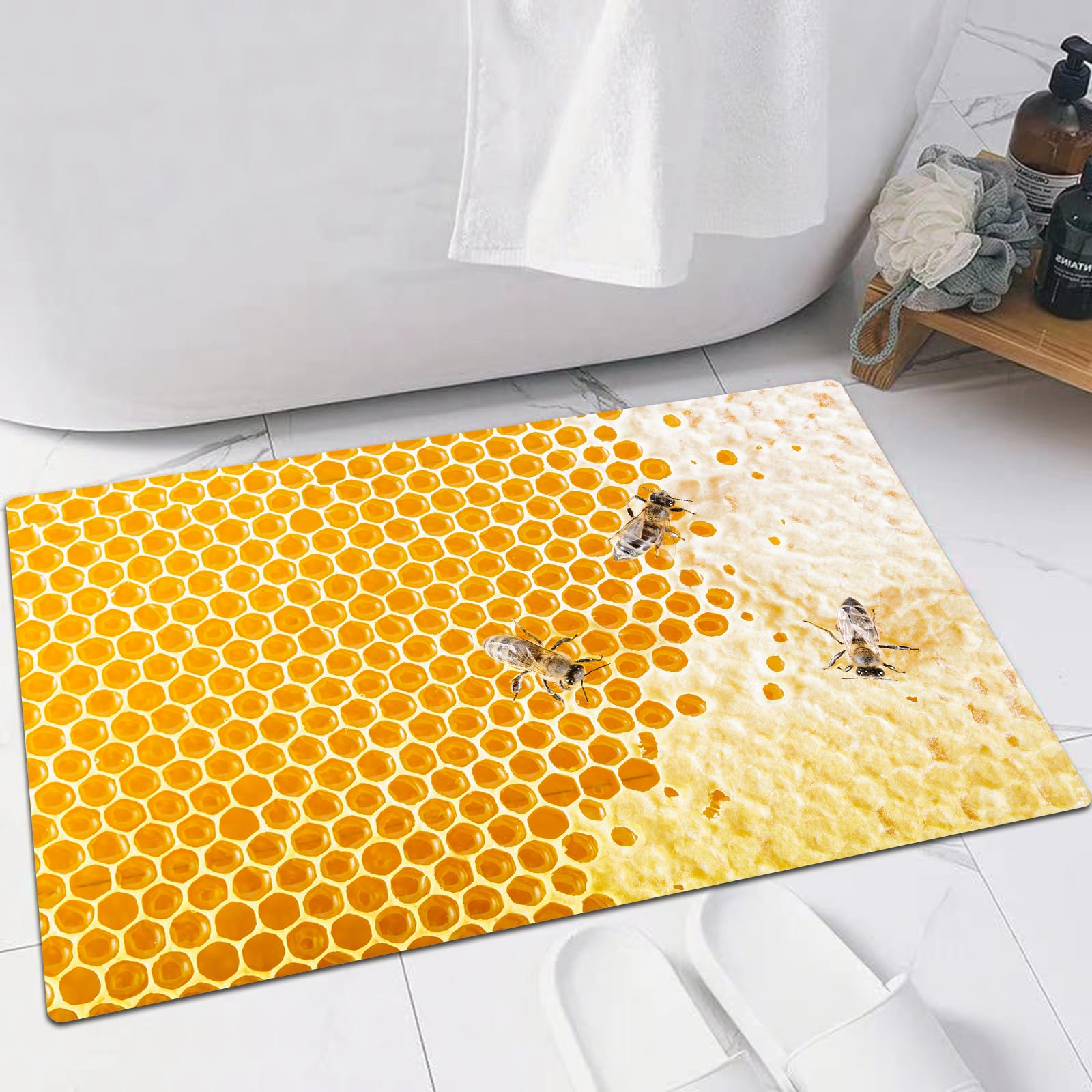 EMFSLA Bath Mat 16x24 in,Sealed honeycombs Bees Crawl on Honeycomb,Non-Slip Bathroom Mat Machine-Washable,Ultra Soft and Water Absorbent Bath Rug for Bathroom