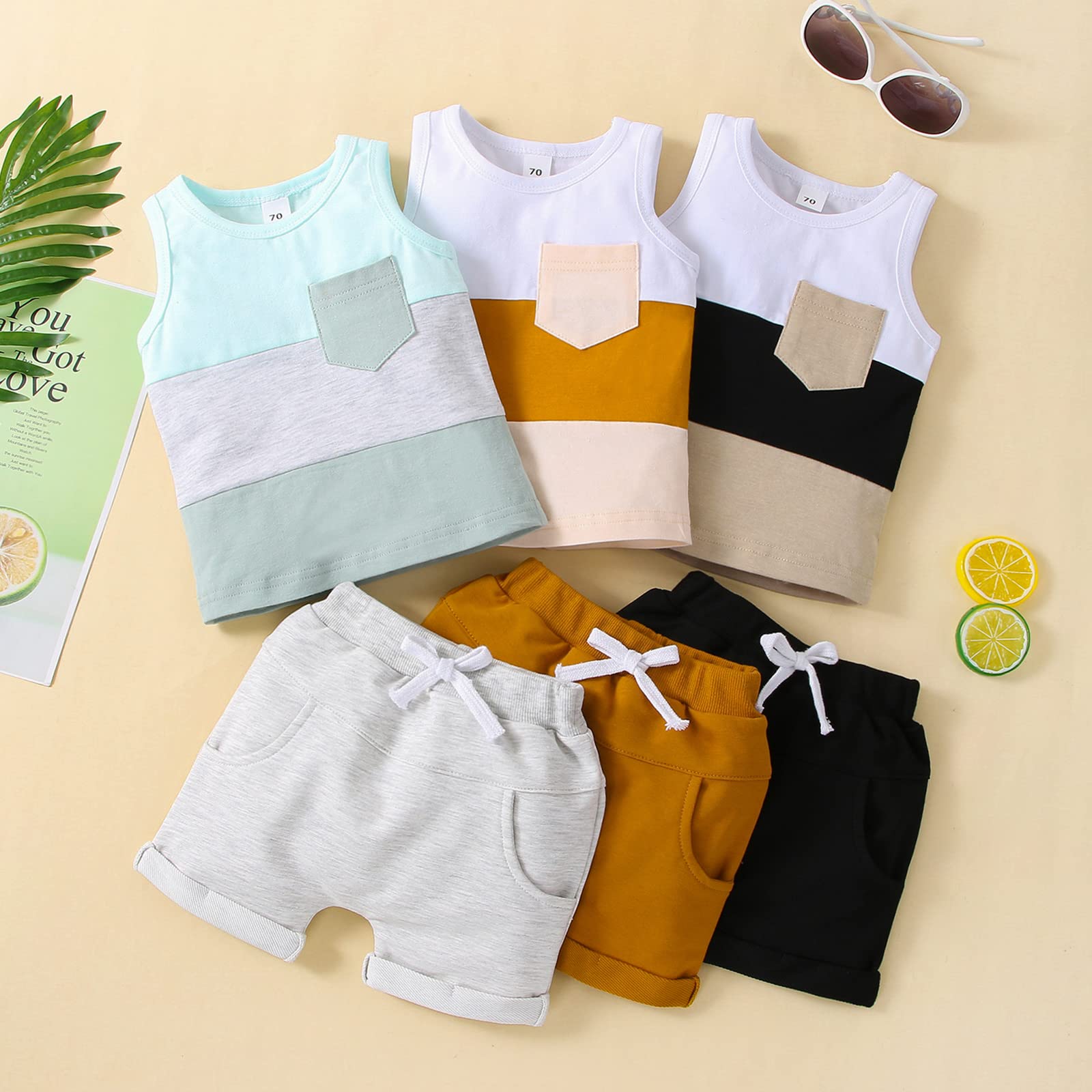 Ledy Champswiin Summer Baby Boy Clothe Toddler Boys Leisure Outfit Three-Colors Block Sleeveless Tops Solid Shorts Set Two Pieces (Grey, 18-24 Months)