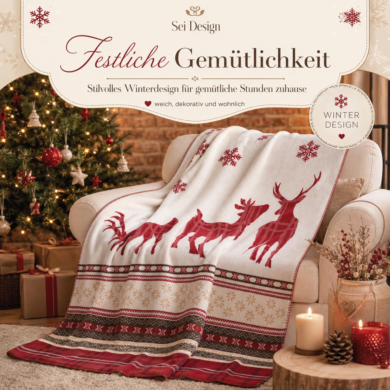 sei Design Weihnachts Kuscheldecke 150x200 Weihnachten Fleece Decke X-Mas Winterdecke Wohndecke Weiche Dicke Decke mit Weihnachtsmotiv als Sofadecke Couchdecke Überwürfe Plaid Weihnachtsdeko