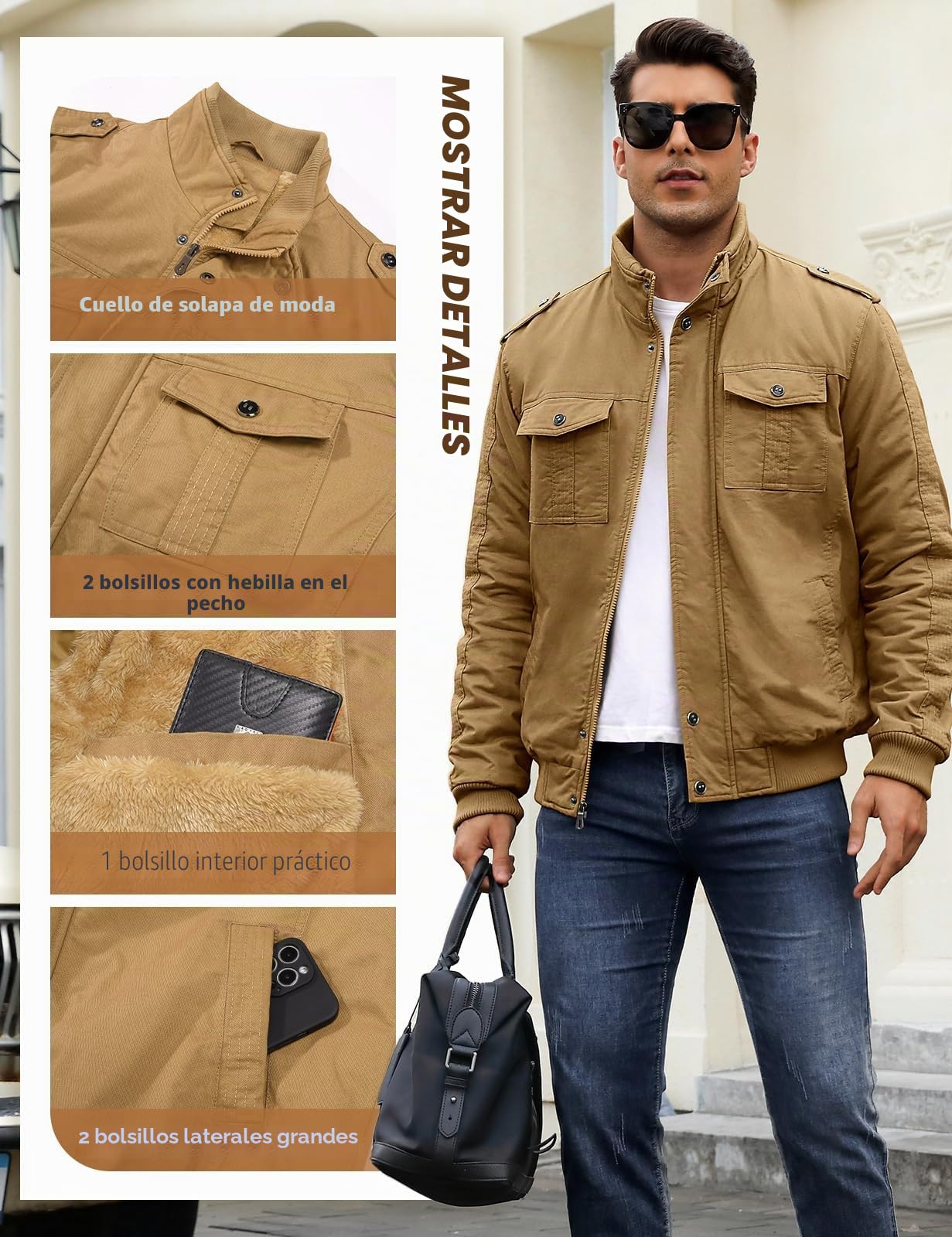 Chaqueta Hombre Invierno Casual Cálido Chaqueta de Forro Polar Algodón Chaqueta de Militar de Transición Abrigo con Múltiples Bolsillos