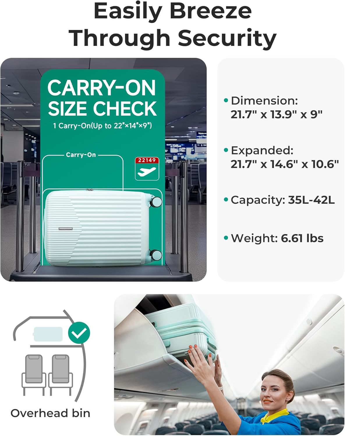 BAGSMART Carry On Luggage 22x14x9 Airline Approved with Spinner Wheels,100% PC Hardside Expandable Luggage with TSA Lock for Trips, 20 Inch Rolling Suitcases for Men Women,Green - Image 4