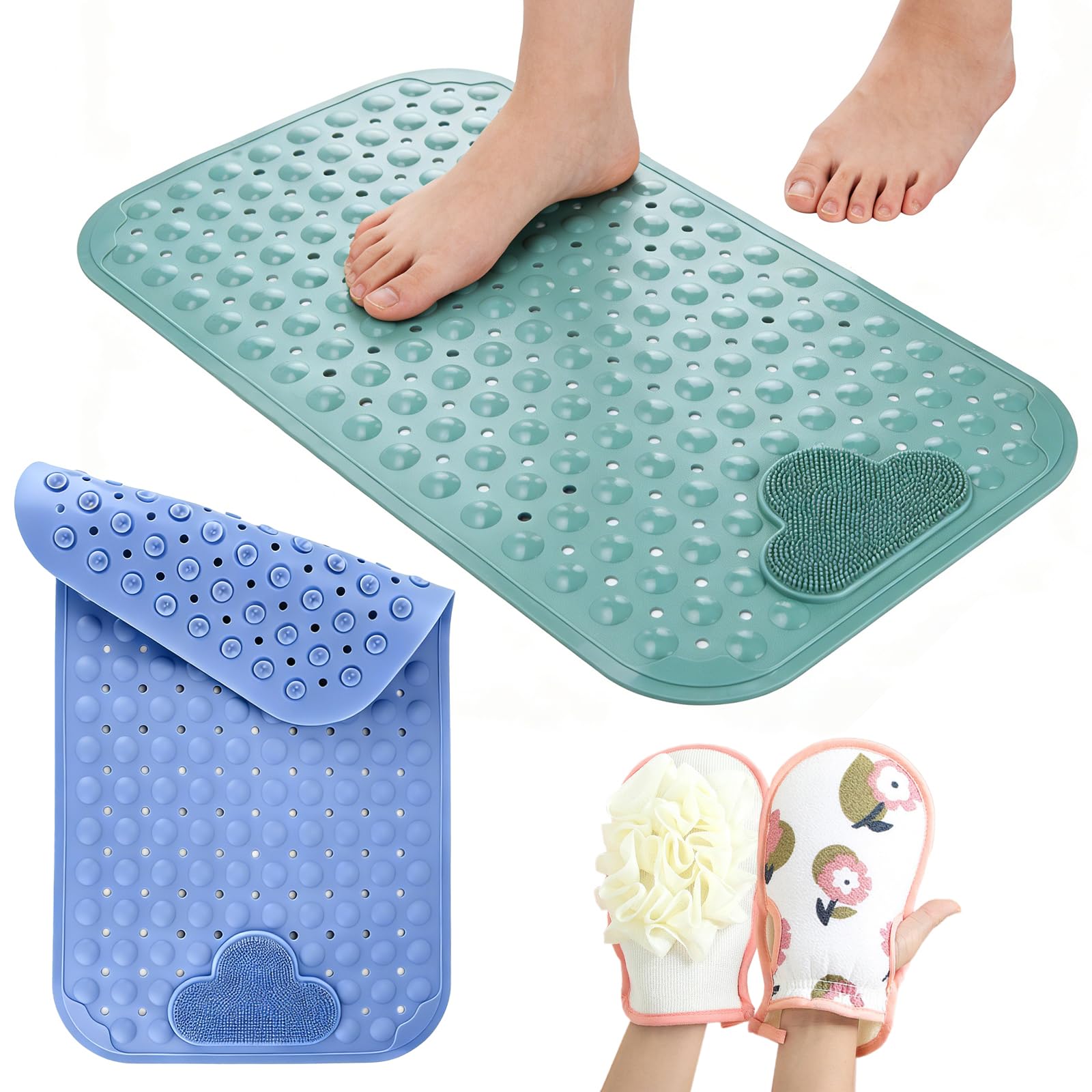 JOYBOY Tappeto Doccia Antiscivolo, 2pcs Tappetino da Vasca Antiscivolo(70x40 cm) con Ventose e Fori di Drenaggio, Morbida TPE per Vasca, Bagno(con Guanto da Bagno)