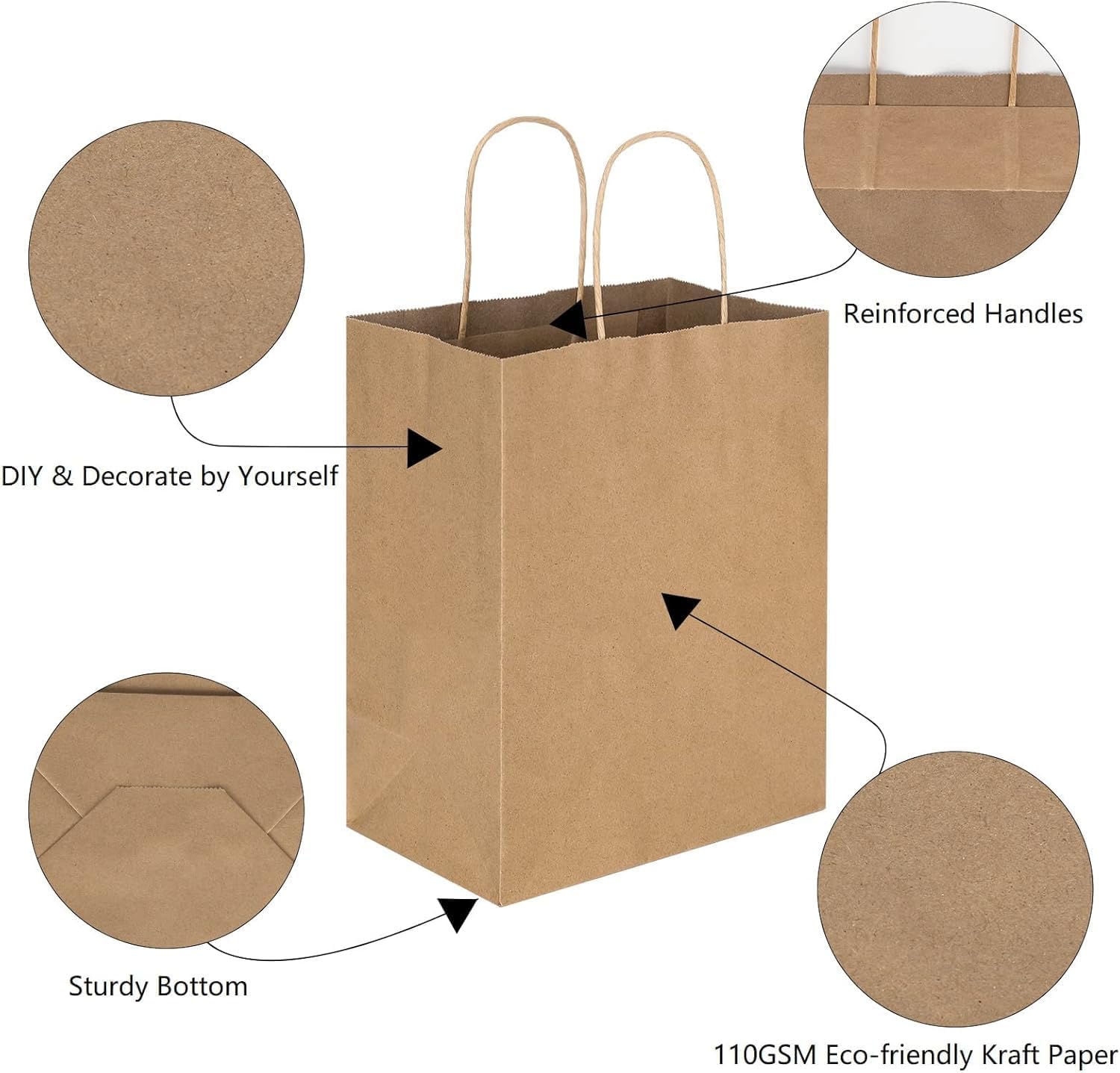 Jet Paper Bags - 50 Pack 11x6.5x11 Inch Medium Plain Brown Kraft Paper Bags with Handles Bulk, Gift Wrap Bags for Favors Grocery Retail Party Birthday Shopping Business Goody Craft Merchandise Take Out Sacks (Brown, Pack of 50)