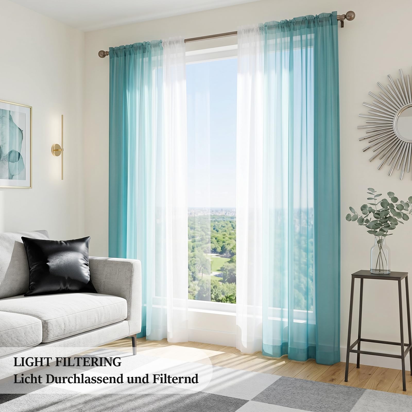 Melodieux Tende Tasparente Ombre Tende per Interni 2 Pezzi, 140x260cm Blu/Bianco