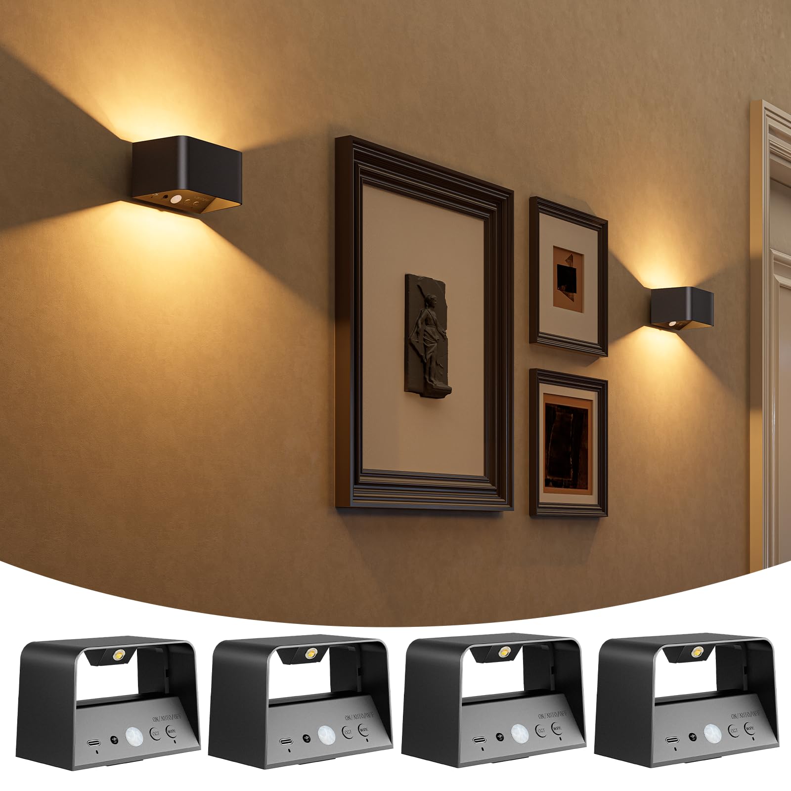 NIORSUN Wandleuchte Innen Akku mit Bewegungssensor, Wandlampe Akku mit Fernbedienung, 3 Farben Wiederaufladbare LED Wandlampe Batteriebetrieben, 5000mAh Wandlicht für Schlafzimmer, Wohnzimmer Black